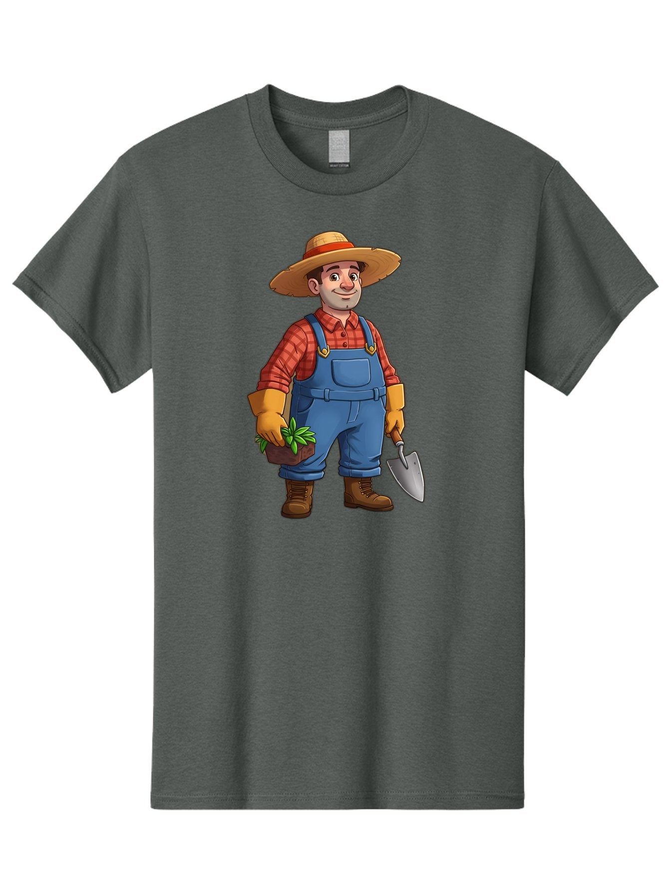 Farmer Men'S Graphic Tee, 100% Cotton, Comfortable Casual Summer Wear, Machine Washable, Gardener Holding Plant And Shovel, Gardening Tools, Outdoor Work, Farming Attire, Plaid Shirt, Overalls, Straw Hat, Agricultural Work, Gardening Gloves Baa666 10
