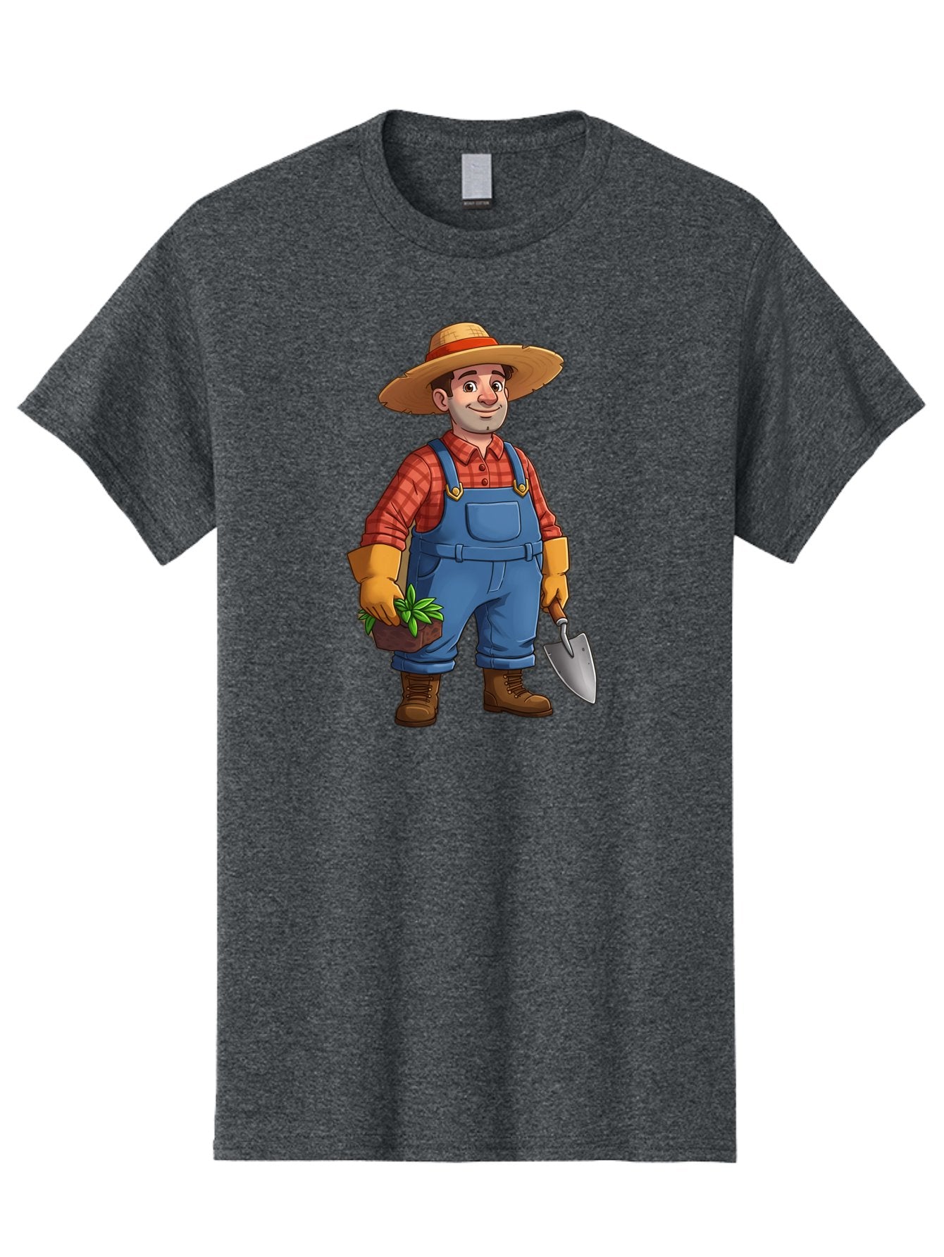 Farmer Men'S Graphic Tee, 100% Cotton, Comfortable Casual Summer Wear, Machine Washable, Gardener Holding Plant And Shovel, Gardening Tools, Outdoor Work, Farming Attire, Plaid Shirt, Overalls, Straw Hat, Agricultural Work, Gardening Gloves Baa666 4