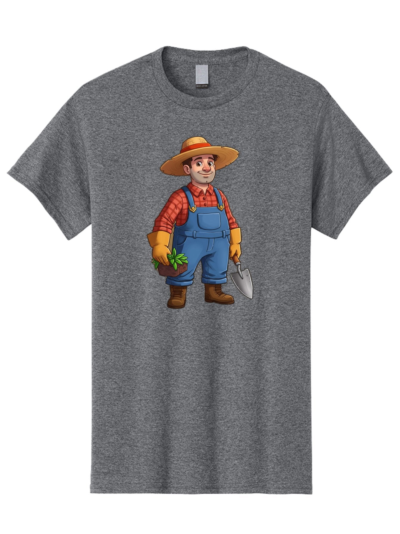 Farmer Men'S Graphic Tee, 100% Cotton, Comfortable Casual Summer Wear, Machine Washable, Gardener Holding Plant And Shovel, Gardening Tools, Outdoor Work, Farming Attire, Plaid Shirt, Overalls, Straw Hat, Agricultural Work, Gardening Gloves Baa666 5