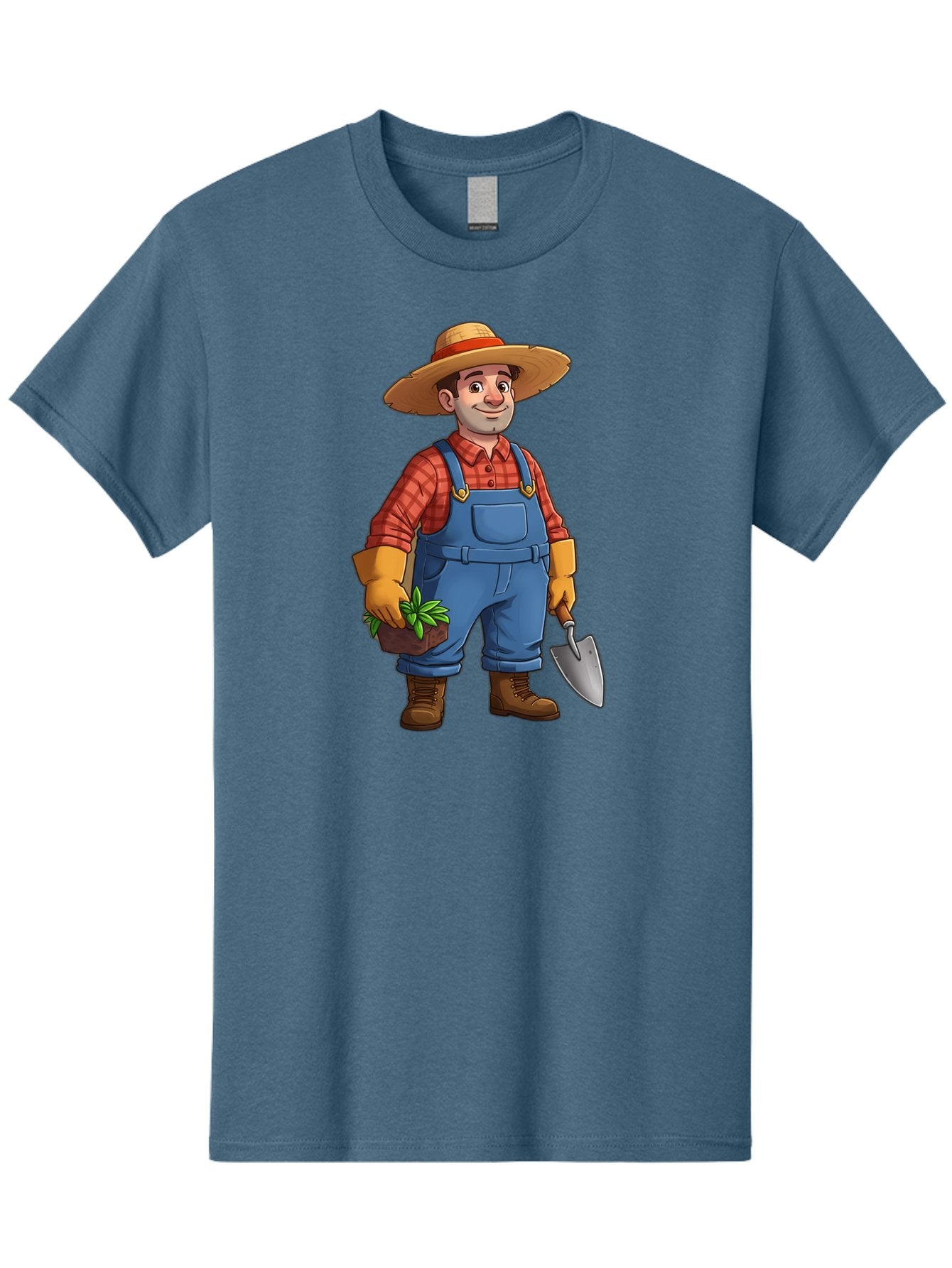 Farmer Men'S Graphic Tee, 100% Cotton, Comfortable Casual Summer Wear, Machine Washable, Gardener Holding Plant And Shovel, Gardening Tools, Outdoor Work, Farming Attire, Plaid Shirt, Overalls, Straw Hat, Agricultural Work, Gardening Gloves Baa666 8