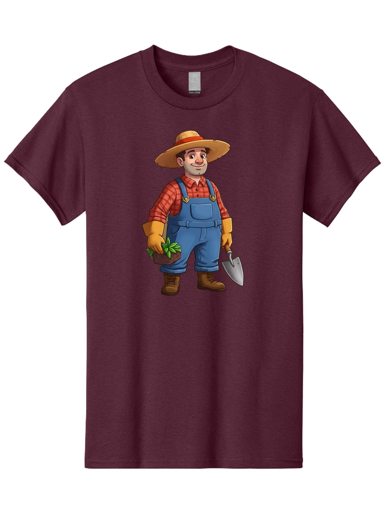 Farmer Men'S Graphic Tee, 100% Cotton, Comfortable Casual Summer Wear, Machine Washable, Gardener Holding Plant And Shovel, Gardening Tools, Outdoor Work, Farming Attire, Plaid Shirt, Overalls, Straw Hat, Agricultural Work, Gardening Gloves Baa666 11