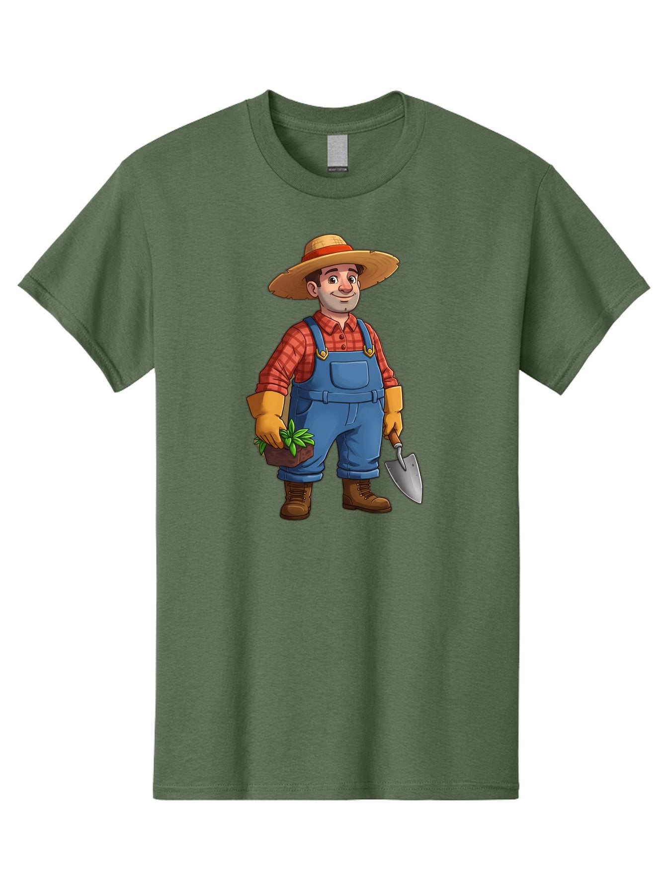 Farmer Men'S Graphic Tee, 100% Cotton, Comfortable Casual Summer Wear, Machine Washable, Gardener Holding Plant And Shovel, Gardening Tools, Outdoor Work, Farming Attire, Plaid Shirt, Overalls, Straw Hat, Agricultural Work, Gardening Gloves Baa666