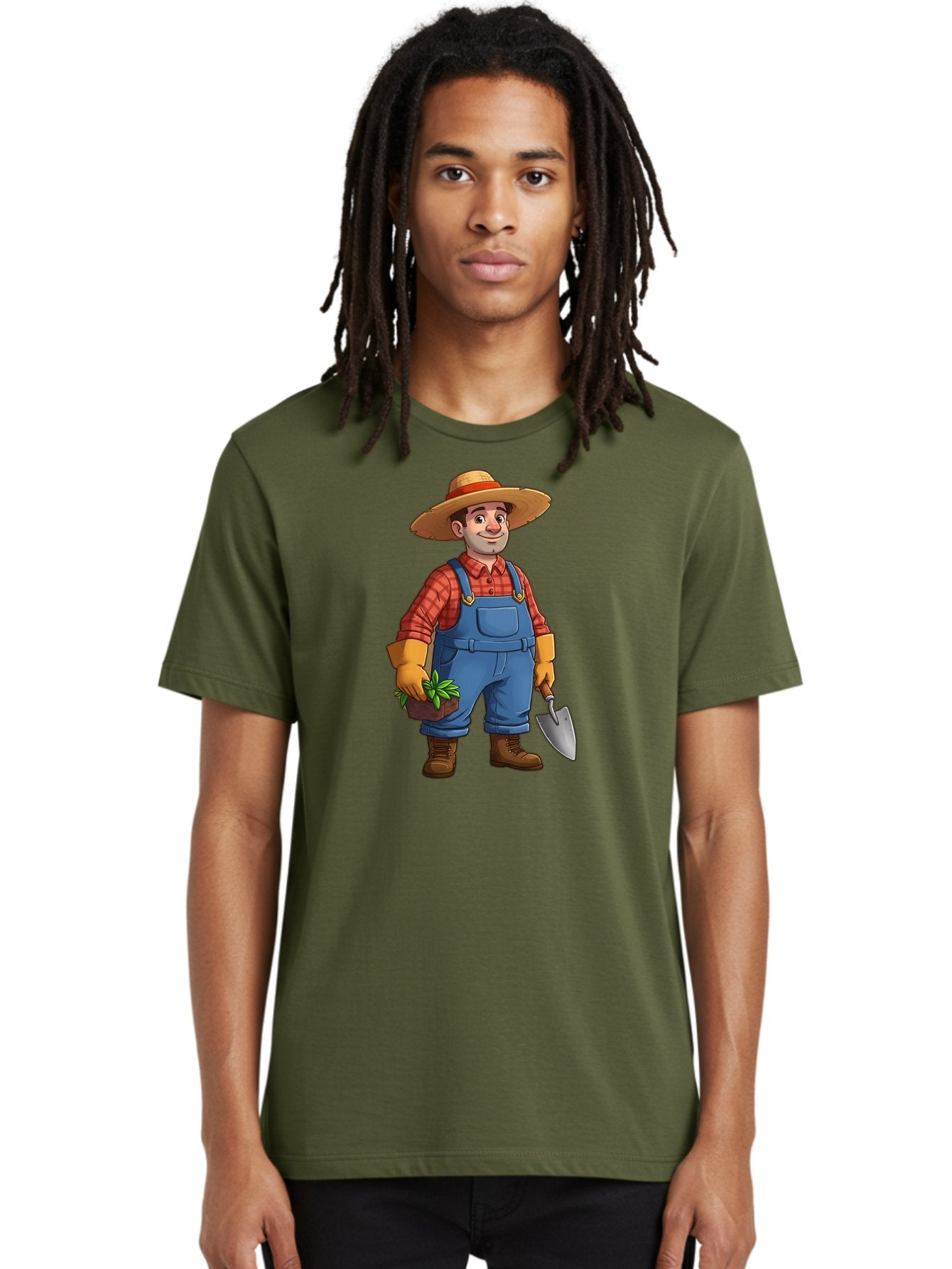 Farmer Men'S Graphic Tee, 100% Cotton, Comfortable Casual Summer Wear, Machine Washable, Gardener Holding Plant And Shovel, Gardening Tools, Outdoor Work, Farming Attire, Plaid Shirt, Overalls, Straw Hat, Agricultural Work, Gardening Gloves Baa666 21