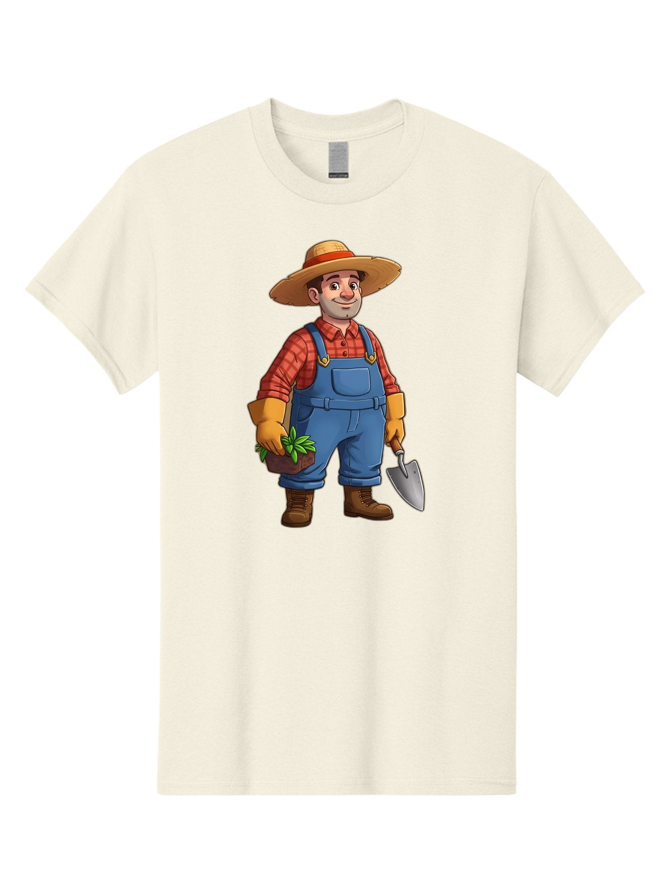 Farmer Men'S Graphic Tee, 100% Cotton, Comfortable Casual Summer Wear, Machine Washable, Gardener Holding Plant And Shovel, Gardening Tools, Outdoor Work, Farming Attire, Plaid Shirt, Overalls, Straw Hat, Agricultural Work, Gardening Gloves Baa666