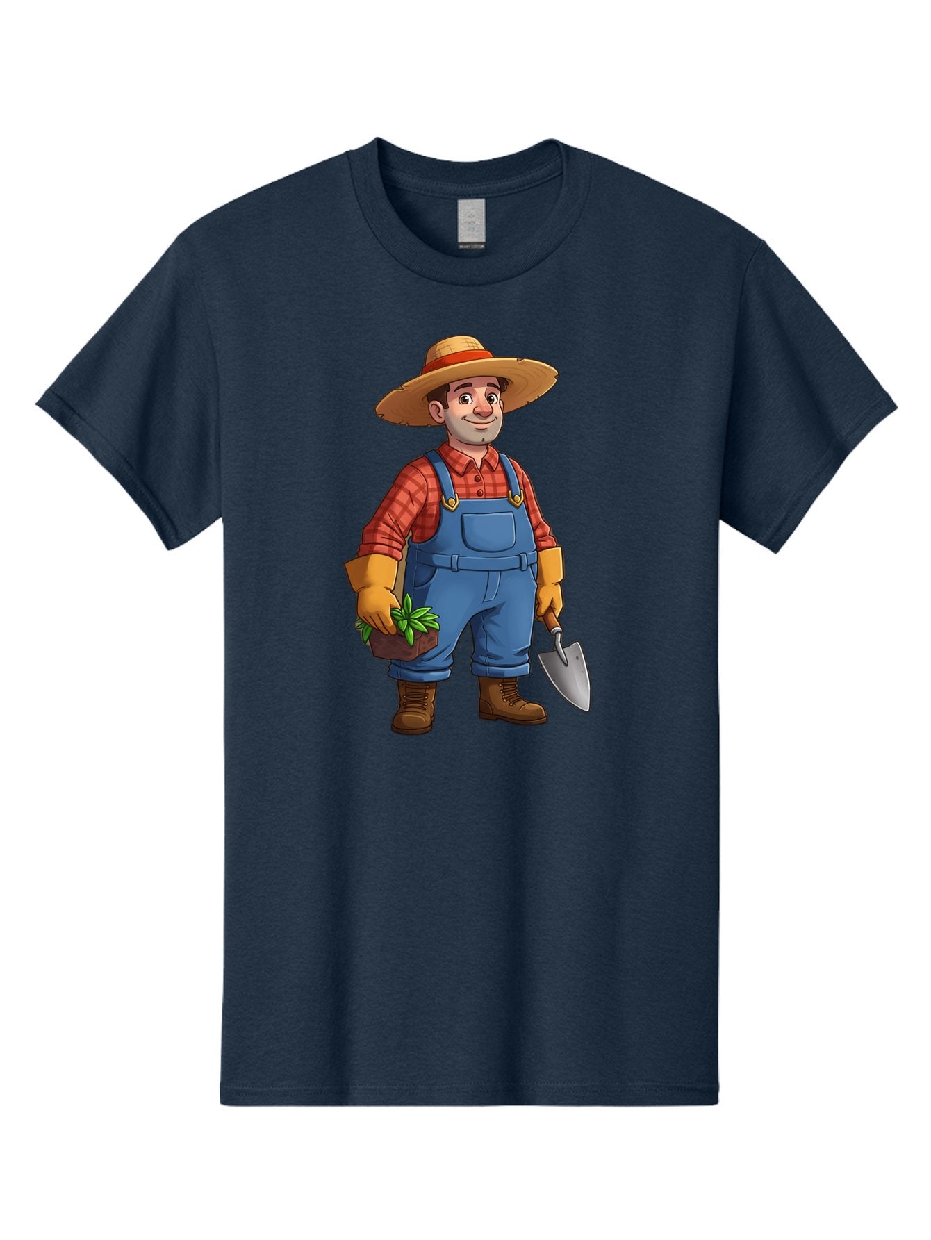 Farmer Men'S Graphic Tee, 100% Cotton, Comfortable Casual Summer Wear, Machine Washable, Gardener Holding Plant And Shovel, Gardening Tools, Outdoor Work, Farming Attire, Plaid Shirt, Overalls, Straw Hat, Agricultural Work, Gardening Gloves Baa666 7