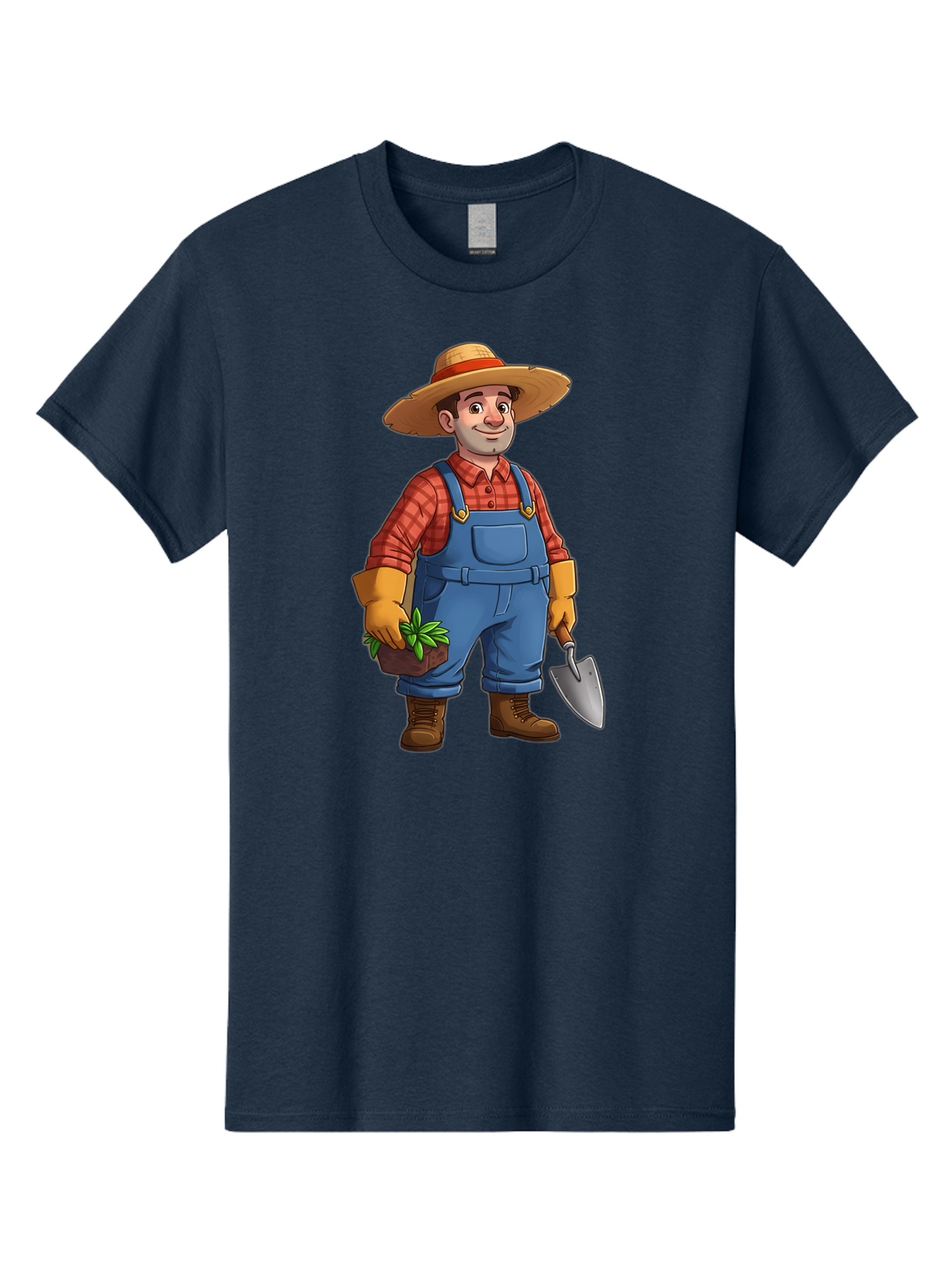 Farmer Men'S Graphic Tee, 100% Cotton, Comfortable Casual Summer Wear, Machine Washable, Gardener Holding Plant And Shovel, Gardening Tools, Outdoor Work, Farming Attire, Plaid Shirt, Overalls, Straw Hat, Agricultural Work, Gardening Gloves Baa666 25