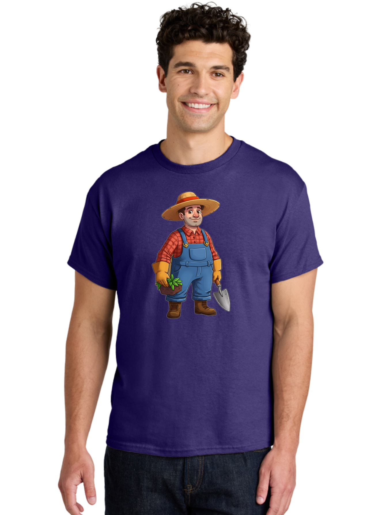 Farmer Men'S Graphic Tee, 100% Cotton, Comfortable Casual Summer Wear, Machine Washable, Gardener Holding Plant And Shovel, Gardening Tools, Outdoor Work, Farming Attire, Plaid Shirt, Overalls, Straw Hat, Agricultural Work, Gardening Gloves Baa666 18