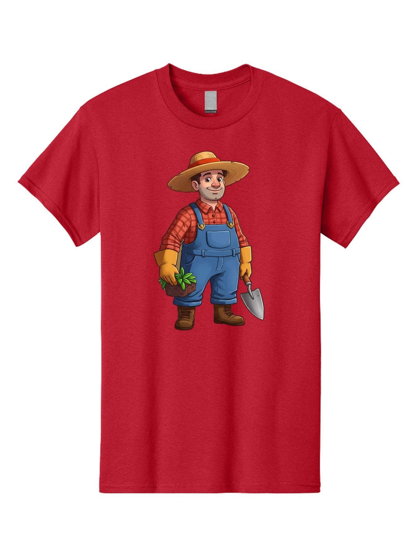 Farmer Men'S Graphic Tee, 100% Cotton, Comfortable Casual Summer Wear, Machine Washable, Gardener Holding Plant And Shovel, Gardening Tools, Outdoor Work, Farming Attire, Plaid Shirt, Overalls, Straw Hat, Agricultural Work, Gardening Gloves Baa666 12