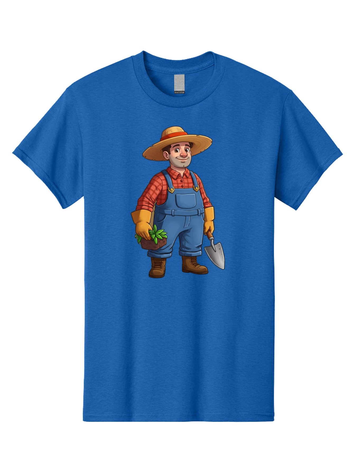 Farmer Men'S Graphic Tee, 100% Cotton, Comfortable Casual Summer Wear, Machine Washable, Gardener Holding Plant And Shovel, Gardening Tools, Outdoor Work, Farming Attire, Plaid Shirt, Overalls, Straw Hat, Agricultural Work, Gardening Gloves Baa666 13