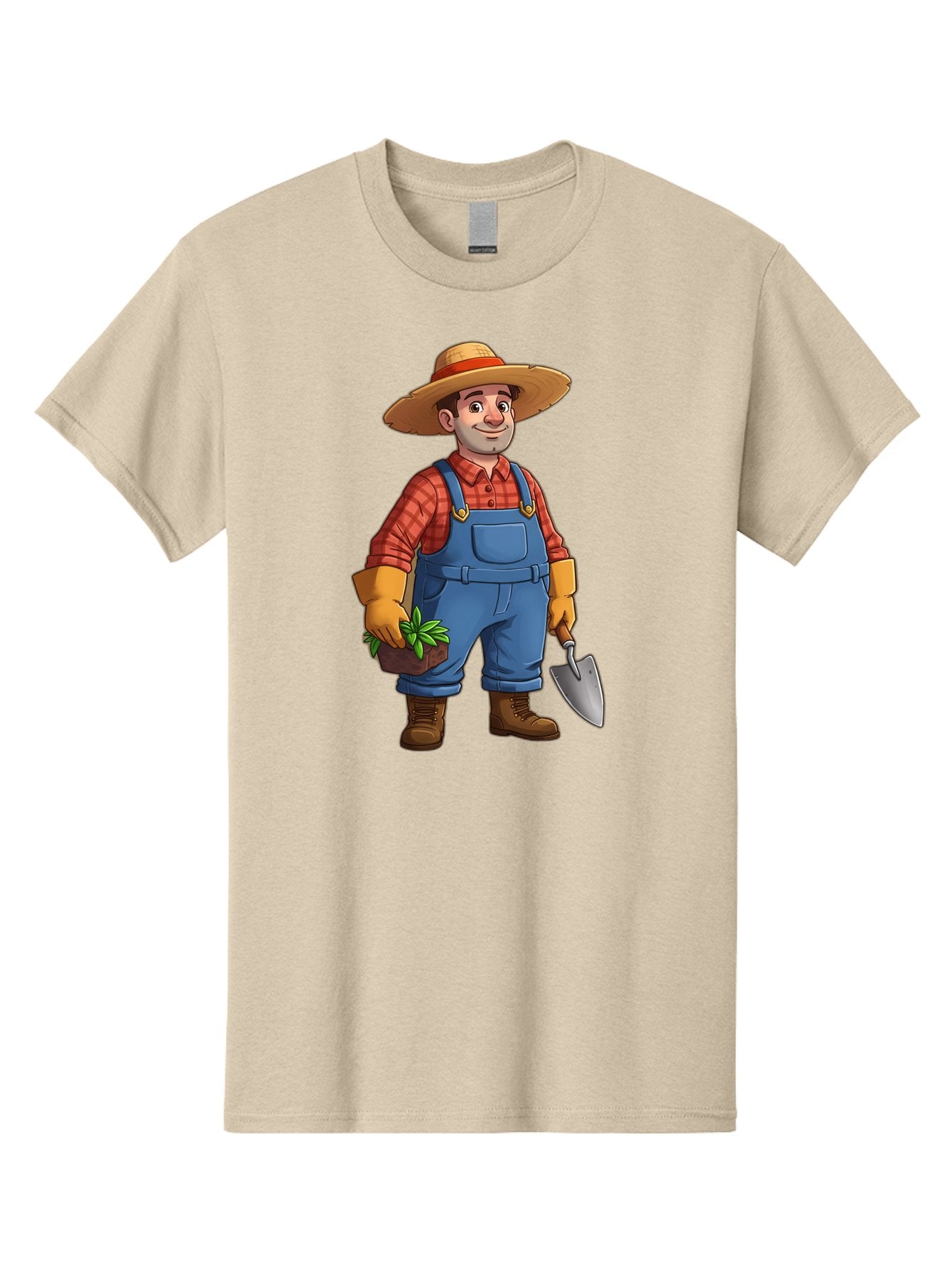 Farmer Men'S Graphic Tee, 100% Cotton, Comfortable Casual Summer Wear, Machine Washable, Gardener Holding Plant And Shovel, Gardening Tools, Outdoor Work, Farming Attire, Plaid Shirt, Overalls, Straw Hat, Agricultural Work, Gardening Gloves Baa666 6