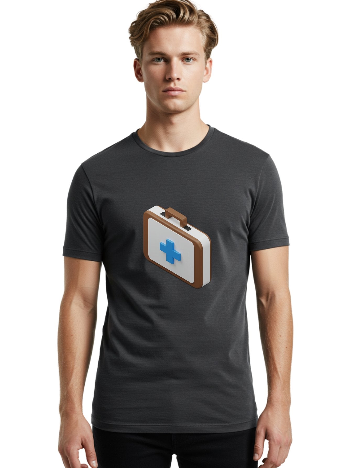 First-Aid-Kit-7 Men'S Graphic Tee, 100% Cotton, Comfortable Casual Summer Wear, Machine Washable, First Aid Kit, Medical Supplies, Health Care, Emergency Preparedness, Blue Cross Symbol, Brown Handle, White Case, Medical Emergency, Baa681 21