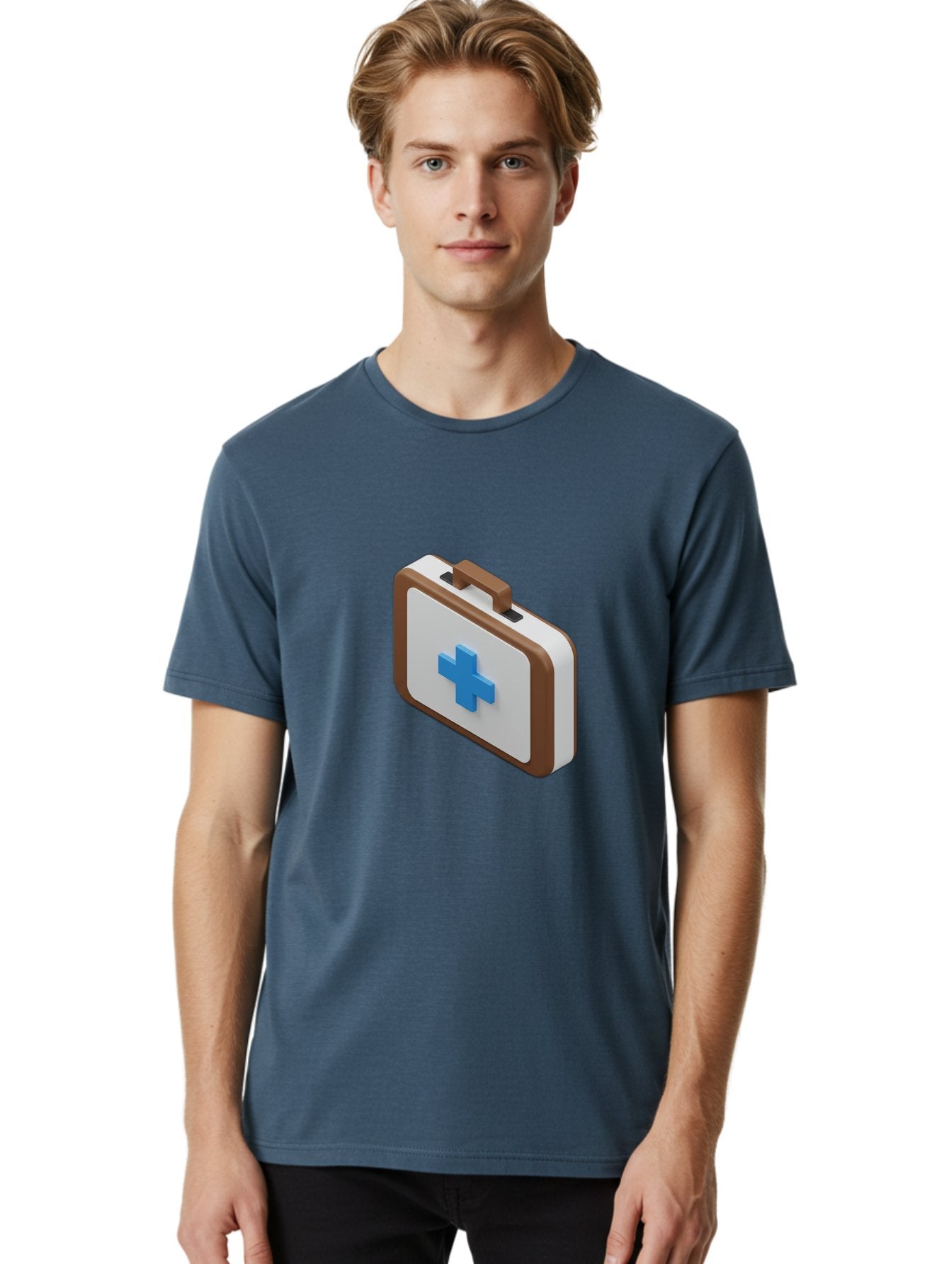 First-Aid-Kit-7 Men'S Graphic Tee, 100% Cotton, Comfortable Casual Summer Wear, Machine Washable, First Aid Kit, Medical Supplies, Health Care, Emergency Preparedness, Blue Cross Symbol, Brown Handle, White Case, Medical Emergency, Baa681 25