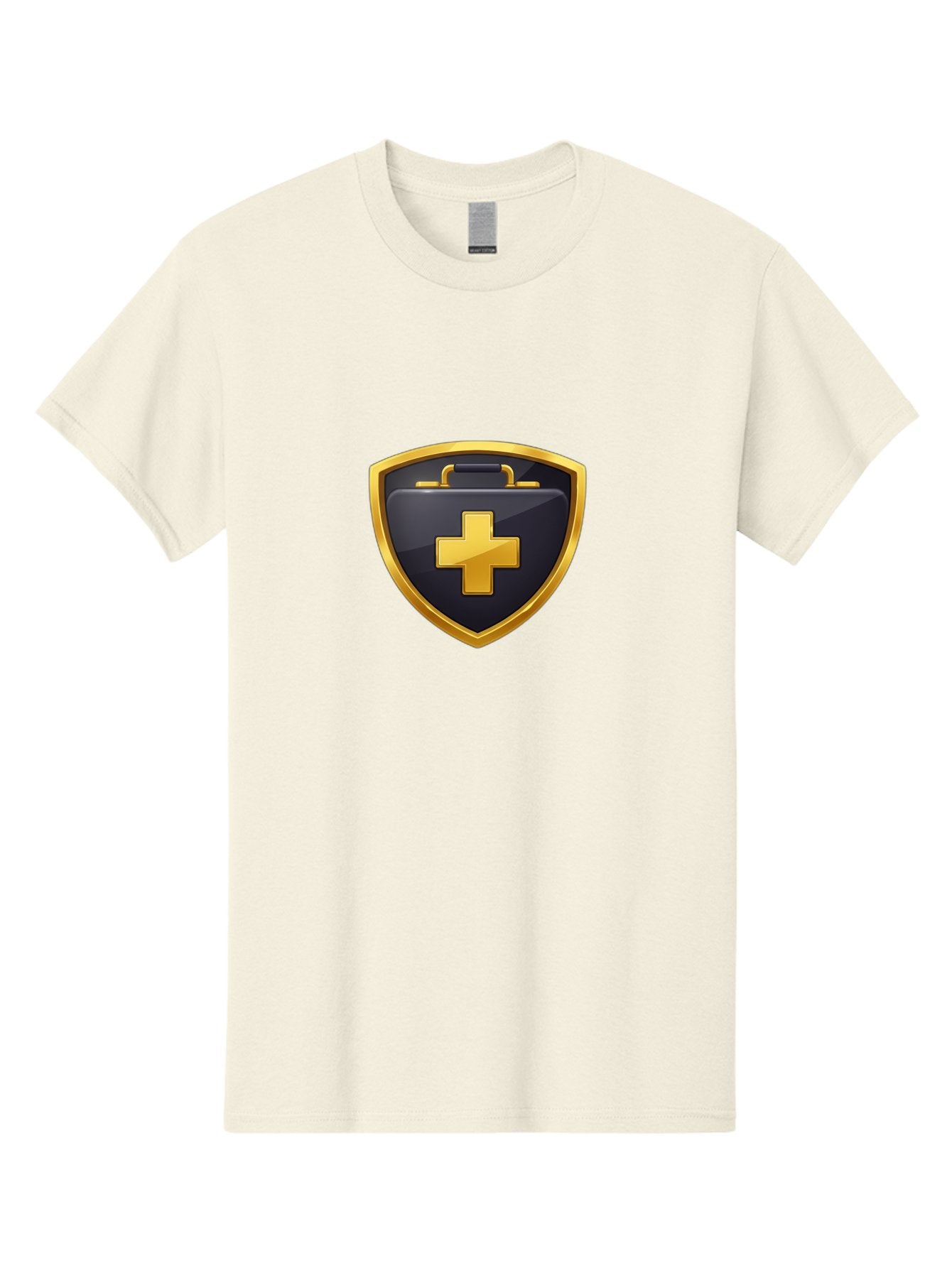 First-Aid-Kit-Shield Men'S Graphic Tee, 100% Cotton, Comfortable Casual Summer Wear, Machine Washable, First Aid Kit, Medical Shield, Healthcare Logo, Gold Cross, Emergency Medical Services, Medical Supplies, Health Protection, Safety Icon Baa684