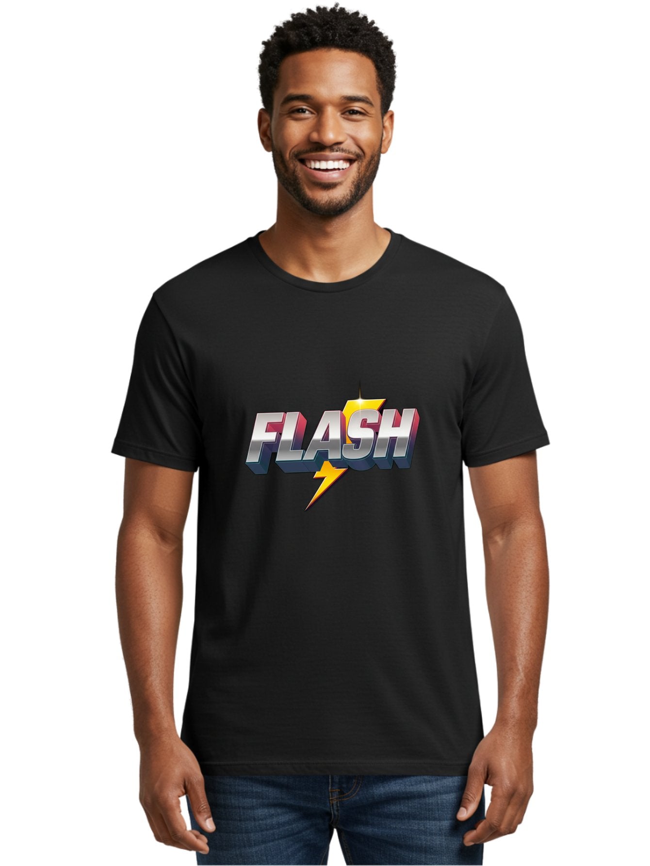 Flash Men'S Graphic Tee, 100% Cotton, Comfortable Casual Summer Wear, Machine Washable, Silver 3D Text, Yellow Lightning Bolt, Super Speed, Superhero Logo, Comic Book Style, Dynamic Graphics, Energetic Vibe, Bold Typography Baa686 19