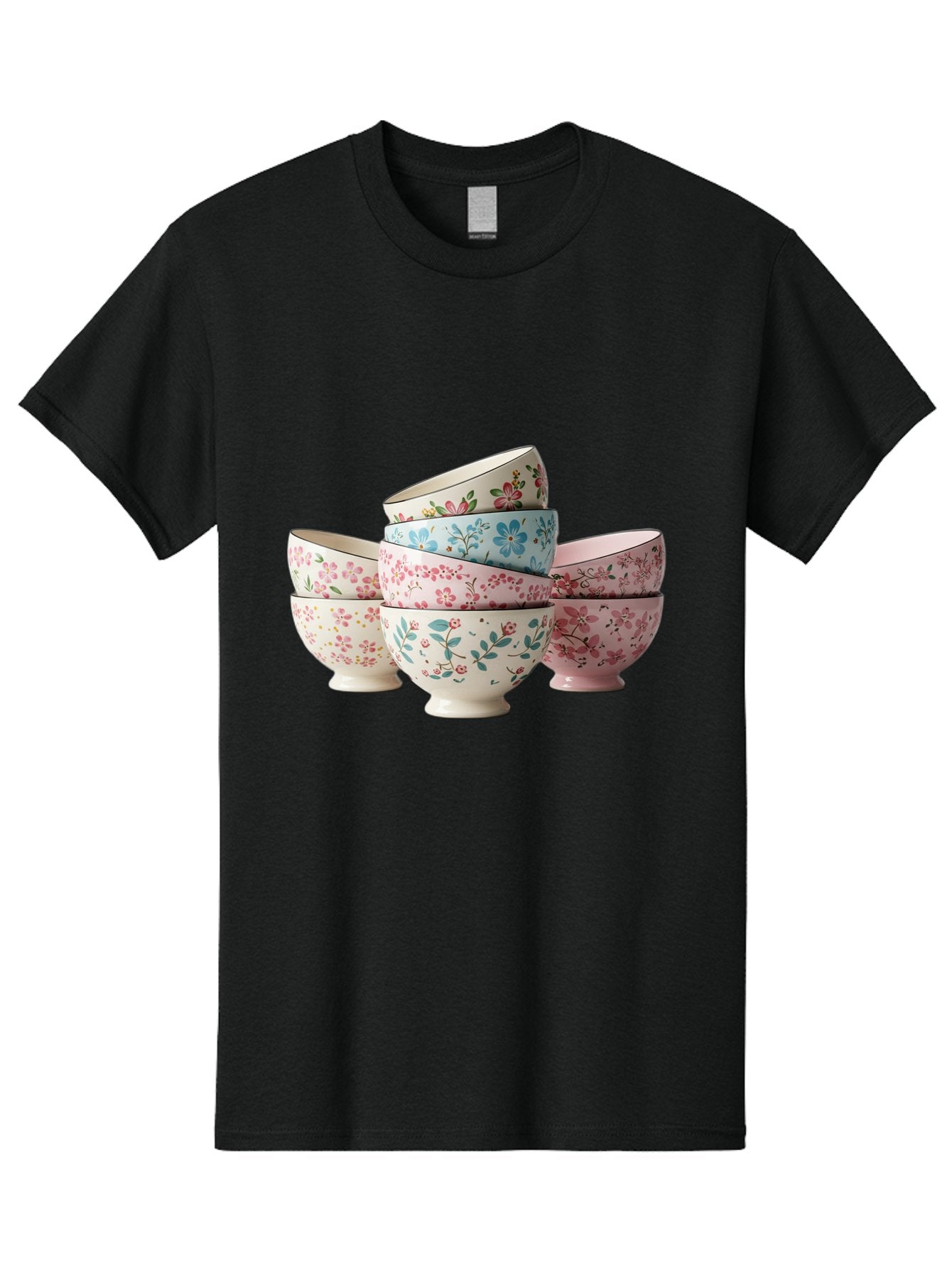 Floral-Bowls Men'S Graphic Tee, 100% Cotton, Comfortable Casual Summer Wear, Machine Washable, Floral Pattern, Delicate Flowers, Pastel Colors, Ceramic Bowls, Tableware, Home Decor, Vintage Style, Kitchen Essentials, Dinnerware, Elegant Design Baa687