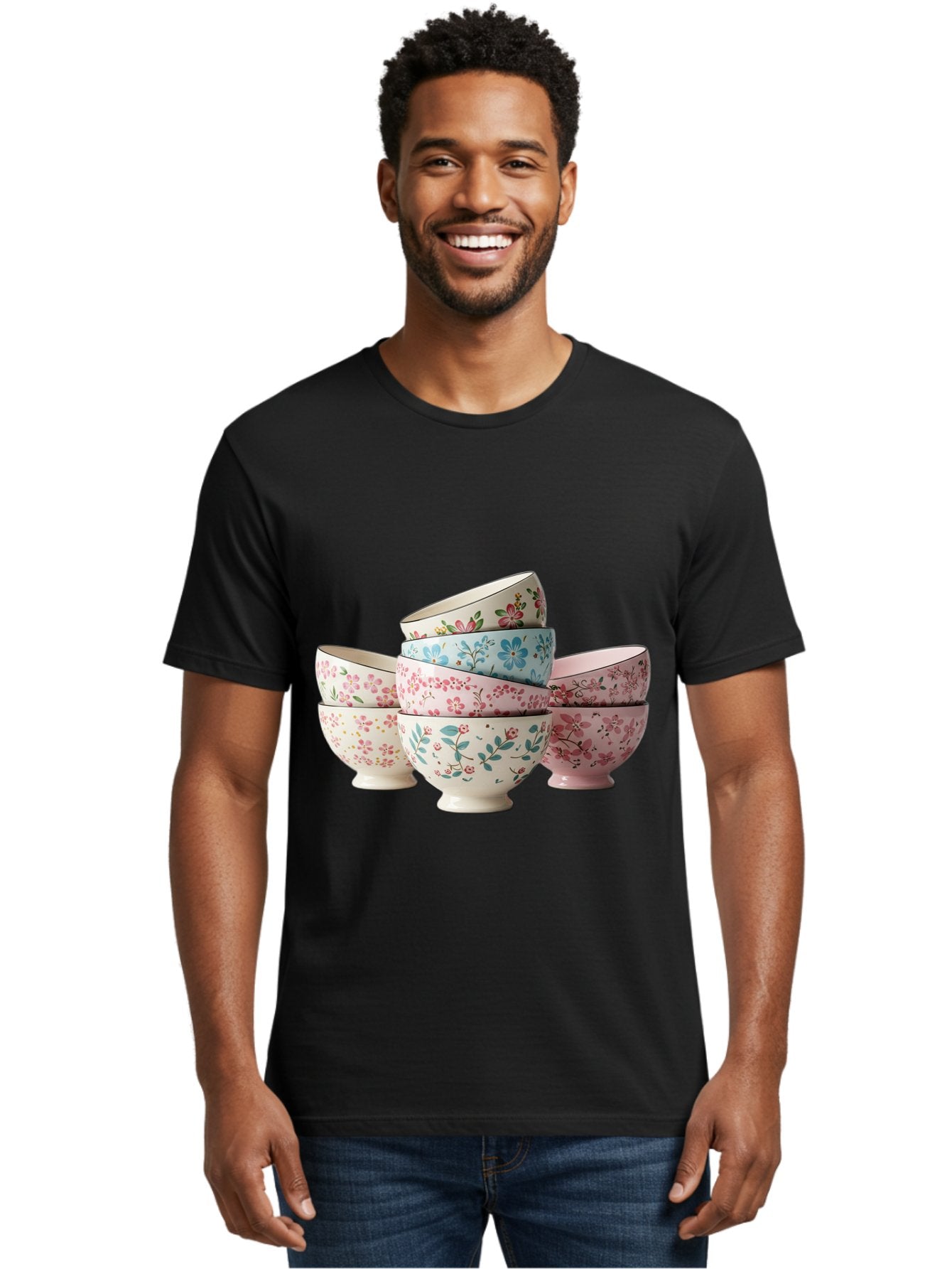 Floral-Bowls Men'S Graphic Tee, 100% Cotton, Comfortable Casual Summer Wear, Machine Washable, Floral Pattern, Delicate Flowers, Pastel Colors, Ceramic Bowls, Tableware, Home Decor, Vintage Style, Kitchen Essentials, Dinnerware, Elegant Design Baa687 19