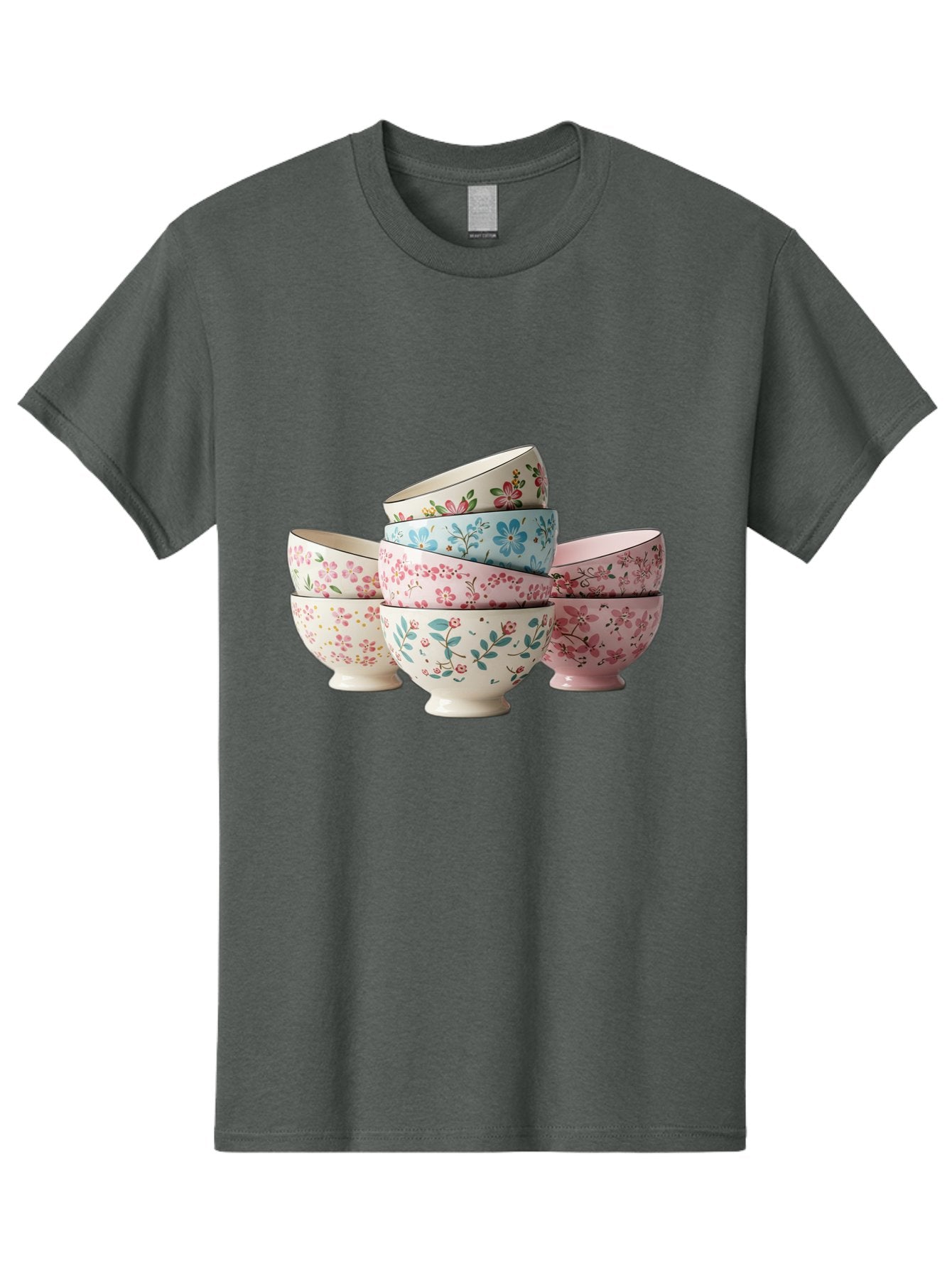 Floral-Bowls Men'S Graphic Tee, 100% Cotton, Comfortable Casual Summer Wear, Machine Washable, Floral Pattern, Delicate Flowers, Pastel Colors, Ceramic Bowls, Tableware, Home Decor, Vintage Style, Kitchen Essentials, Dinnerware, Elegant Design Baa687
