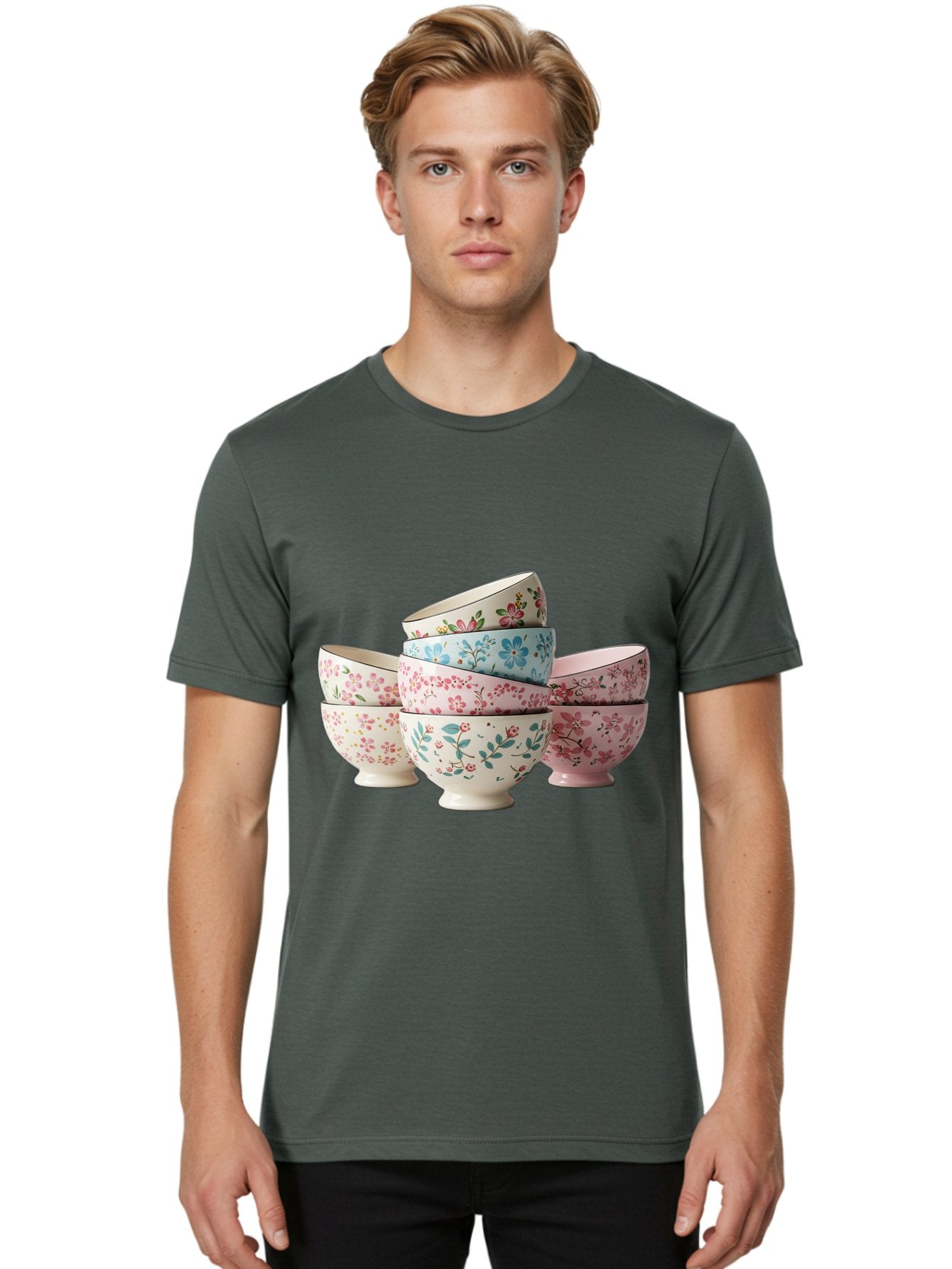 Floral-Bowls Men'S Graphic Tee, 100% Cotton, Comfortable Casual Summer Wear, Machine Washable, Floral Pattern, Delicate Flowers, Pastel Colors, Ceramic Bowls, Tableware, Home Decor, Vintage Style, Kitchen Essentials, Dinnerware, Elegant Design Baa687 21