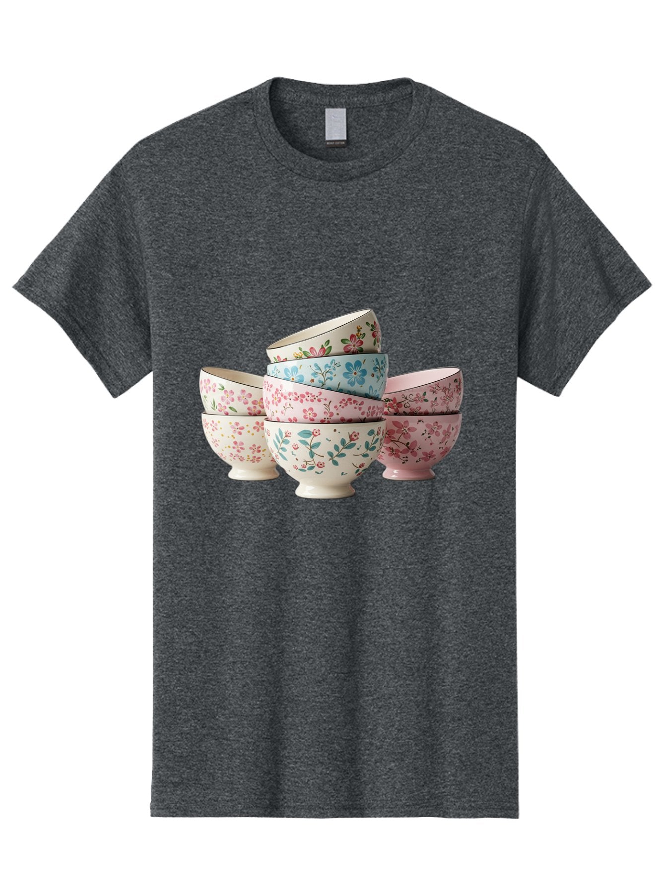 Floral-Bowls Men'S Graphic Tee, 100% Cotton, Comfortable Casual Summer Wear, Machine Washable, Floral Pattern, Delicate Flowers, Pastel Colors, Ceramic Bowls, Tableware, Home Decor, Vintage Style, Kitchen Essentials, Dinnerware, Elegant Design Baa687 5