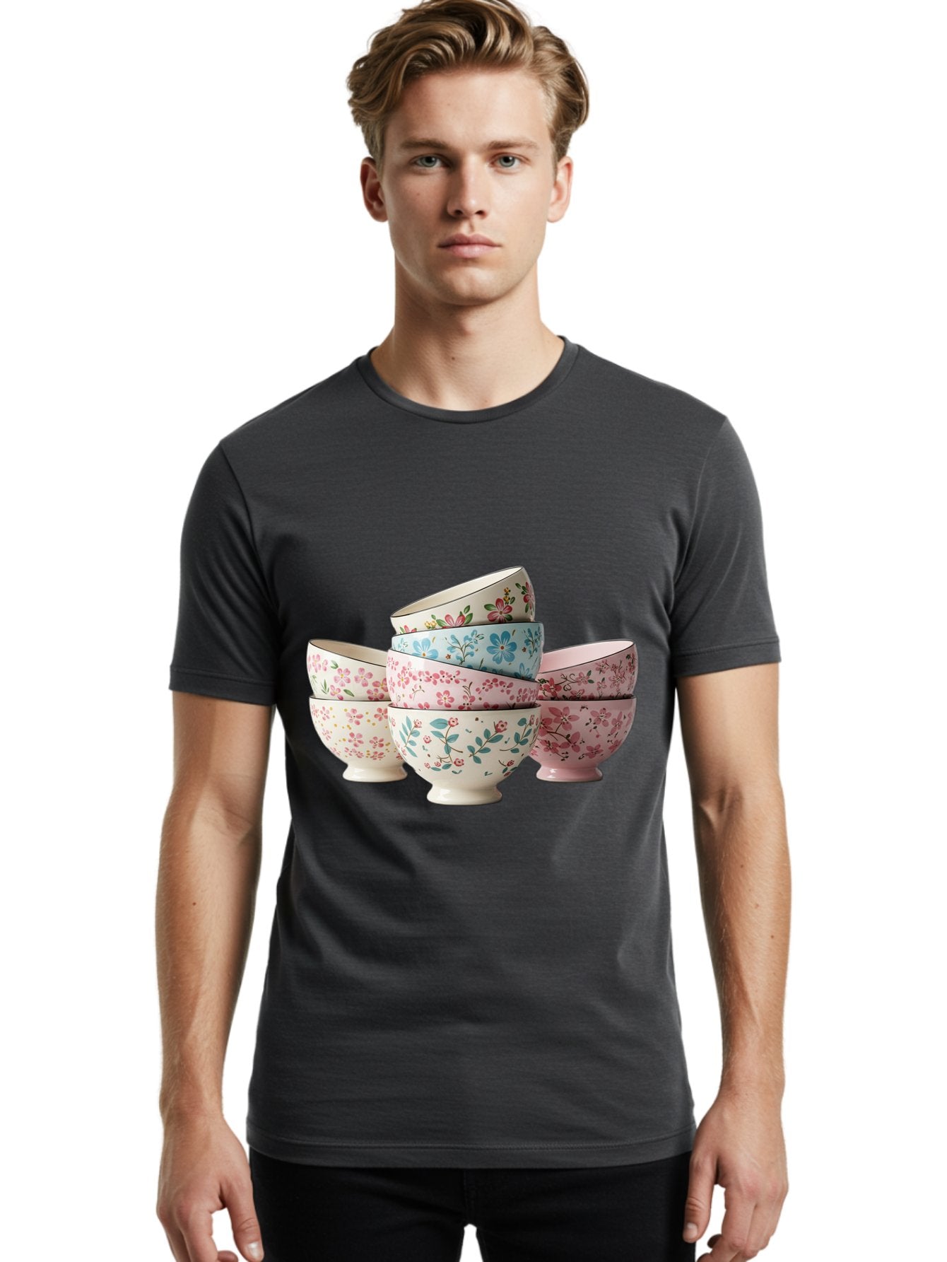 Floral-Bowls Men'S Graphic Tee, 100% Cotton, Comfortable Casual Summer Wear, Machine Washable, Floral Pattern, Delicate Flowers, Pastel Colors, Ceramic Bowls, Tableware, Home Decor, Vintage Style, Kitchen Essentials, Dinnerware, Elegant Design Baa687 23