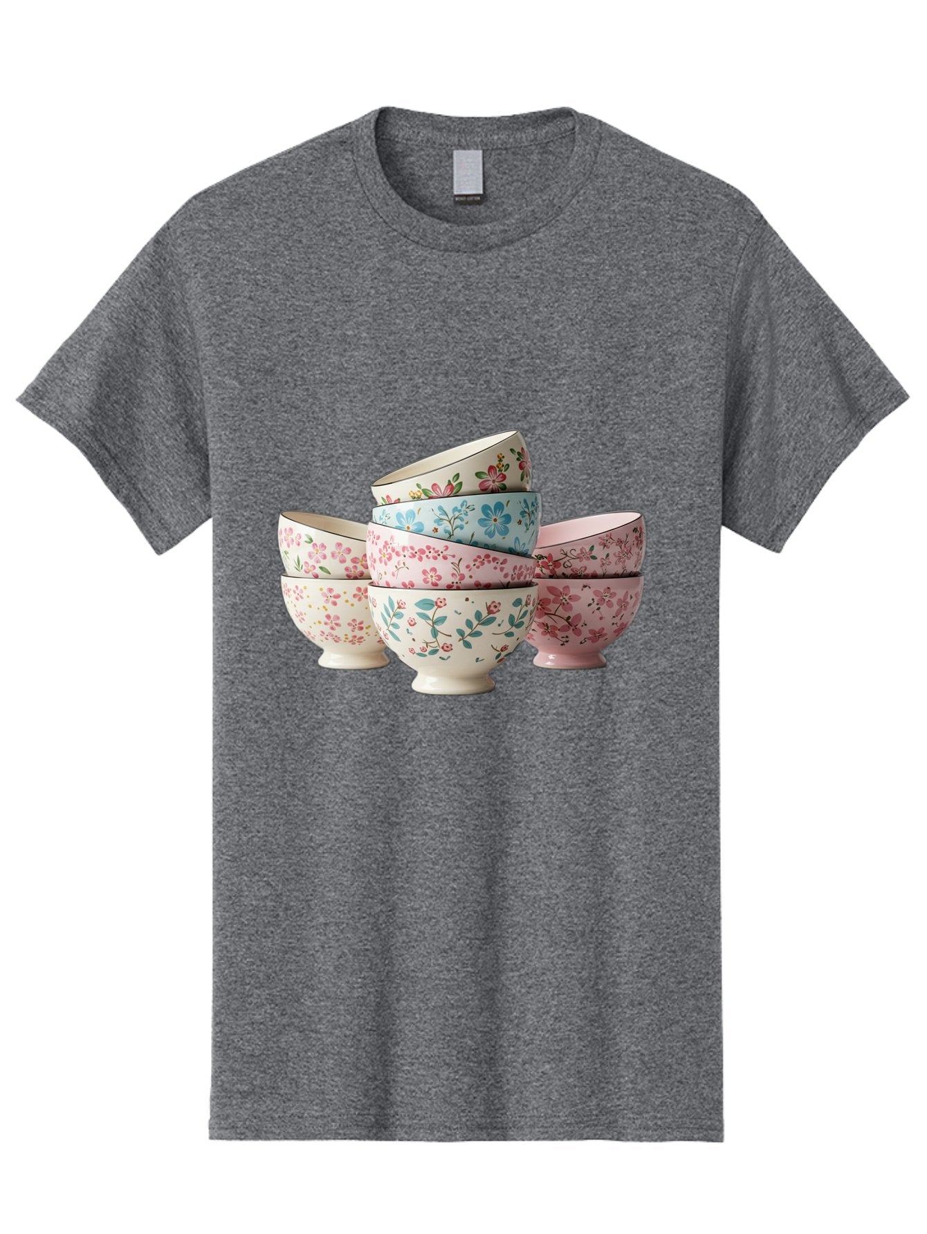 Floral-Bowls Men'S Graphic Tee, 100% Cotton, Comfortable Casual Summer Wear, Machine Washable, Floral Pattern, Delicate Flowers, Pastel Colors, Ceramic Bowls, Tableware, Home Decor, Vintage Style, Kitchen Essentials, Dinnerware, Elegant Design Baa687 8
