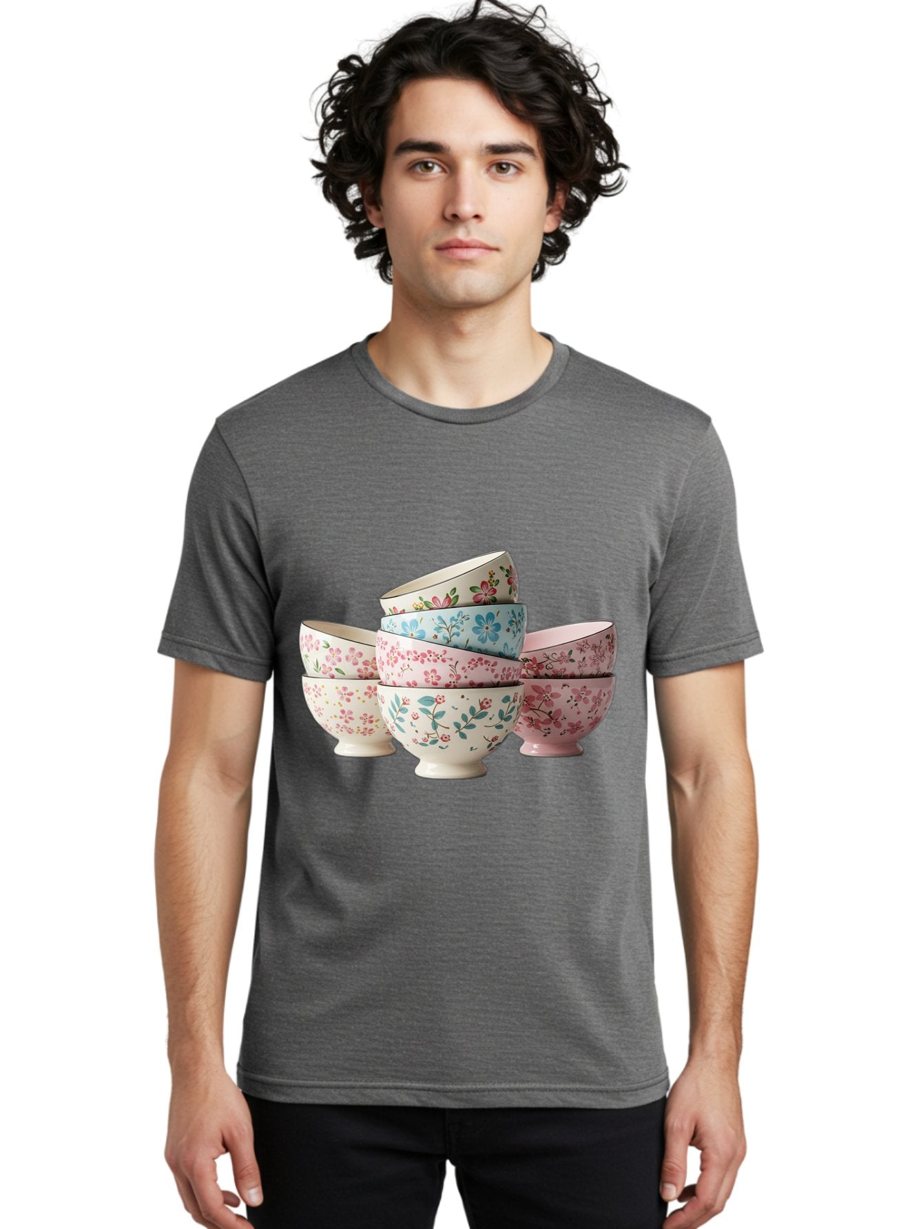 Floral-Bowls Men'S Graphic Tee, 100% Cotton, Comfortable Casual Summer Wear, Machine Washable, Floral Pattern, Delicate Flowers, Pastel Colors, Ceramic Bowls, Tableware, Home Decor, Vintage Style, Kitchen Essentials, Dinnerware, Elegant Design Baa687 25