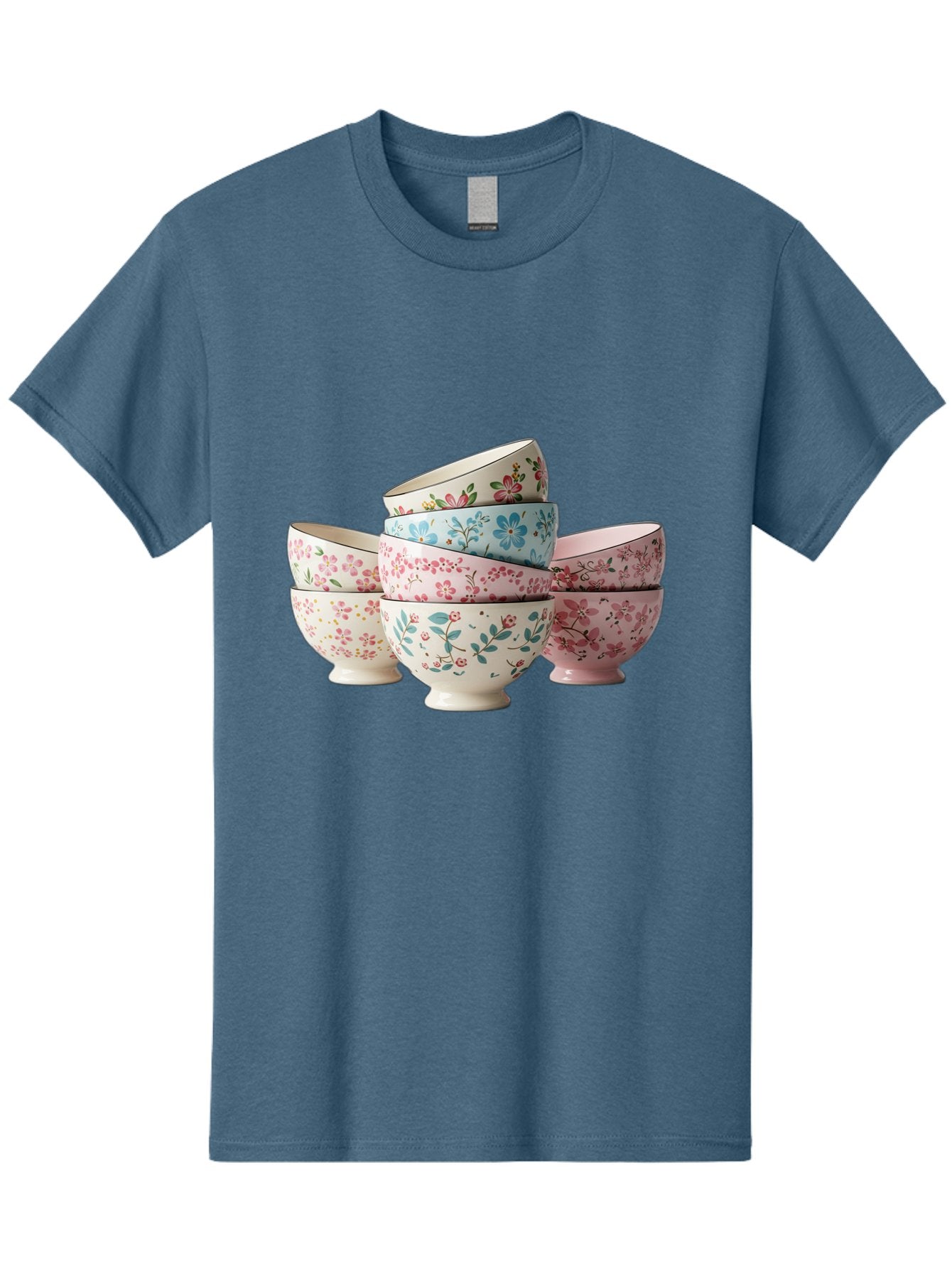 Floral-Bowls Men'S Graphic Tee, 100% Cotton, Comfortable Casual Summer Wear, Machine Washable, Floral Pattern, Delicate Flowers, Pastel Colors, Ceramic Bowls, Tableware, Home Decor, Vintage Style, Kitchen Essentials, Dinnerware, Elegant Design Baa687 10