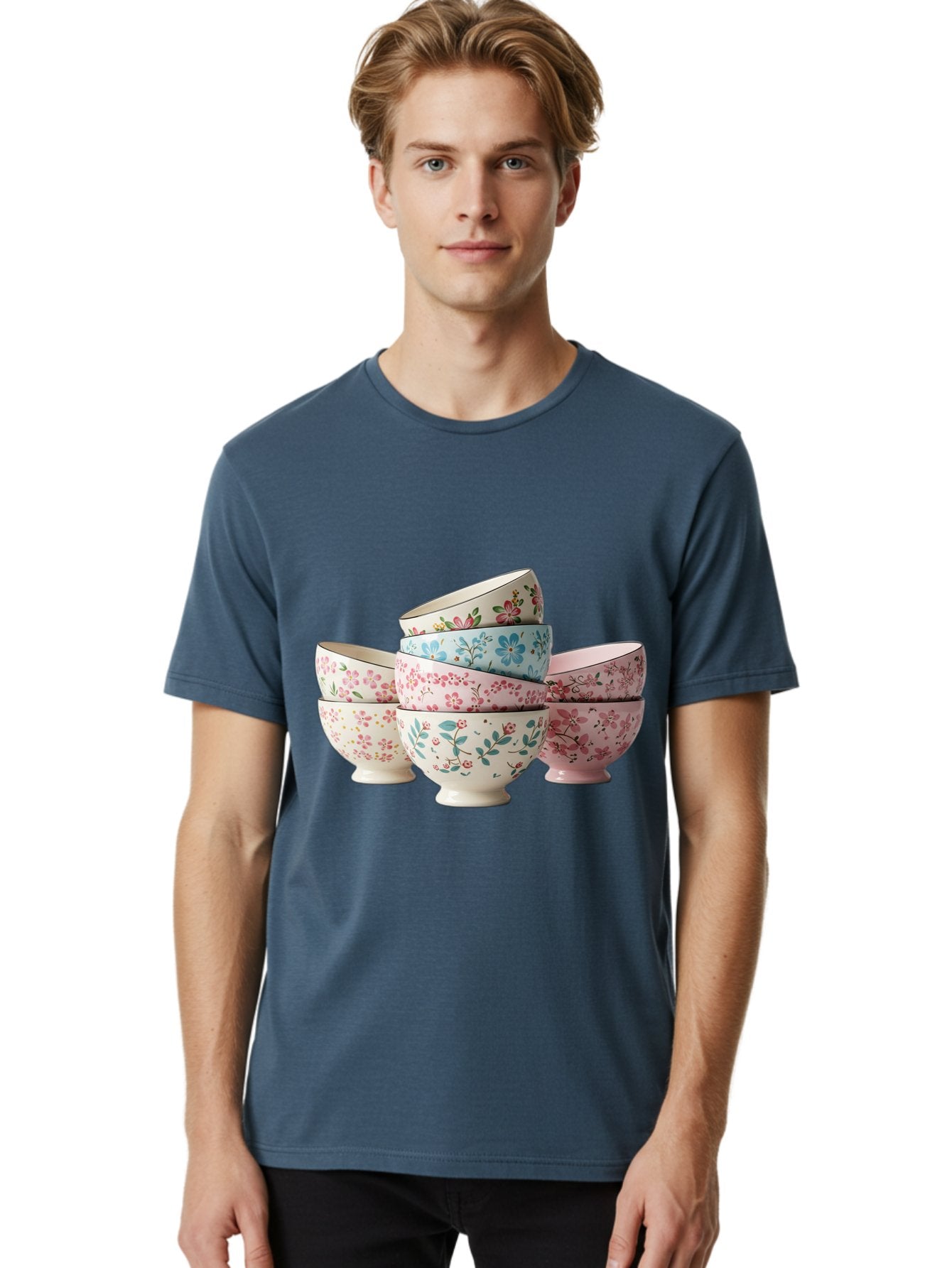 Floral-Bowls Men'S Graphic Tee, 100% Cotton, Comfortable Casual Summer Wear, Machine Washable, Floral Pattern, Delicate Flowers, Pastel Colors, Ceramic Bowls, Tableware, Home Decor, Vintage Style, Kitchen Essentials, Dinnerware, Elegant Design Baa687 17