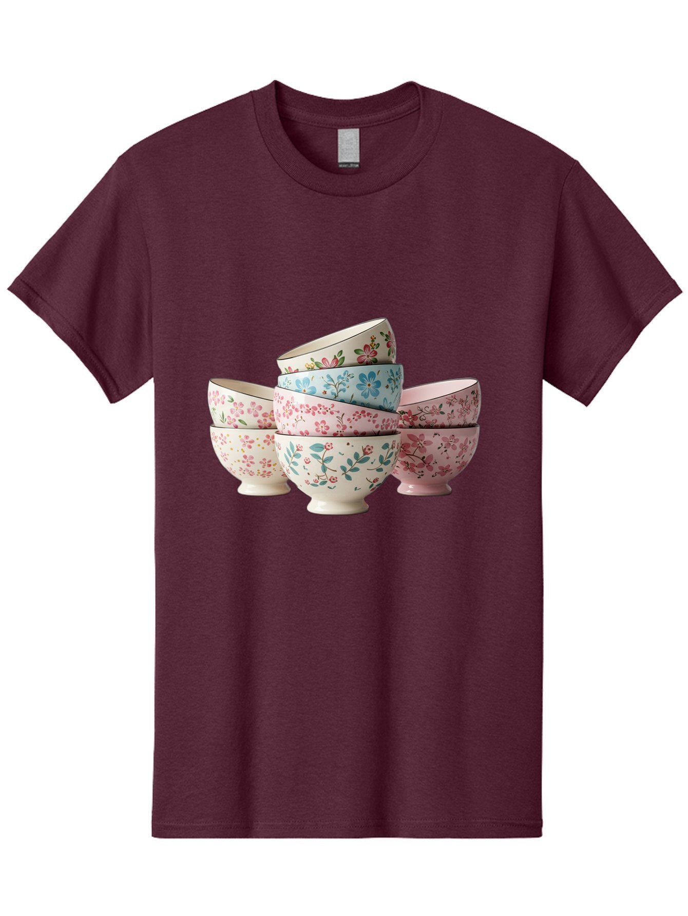 Floral-Bowls Men'S Graphic Tee, 100% Cotton, Comfortable Casual Summer Wear, Machine Washable, Floral Pattern, Delicate Flowers, Pastel Colors, Ceramic Bowls, Tableware, Home Decor, Vintage Style, Kitchen Essentials, Dinnerware, Elegant Design Baa687 13