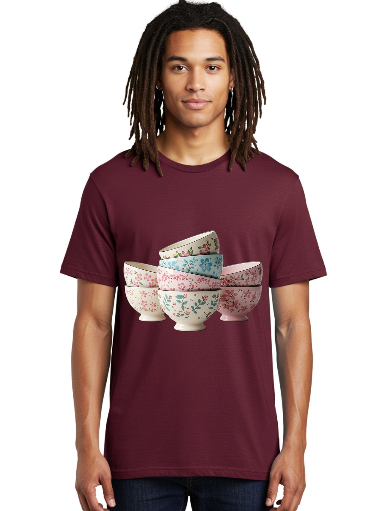 Floral-Bowls Men'S Graphic Tee, 100% Cotton, Comfortable Casual Summer Wear, Machine Washable, Floral Pattern, Delicate Flowers, Pastel Colors, Ceramic Bowls, Tableware, Home Decor, Vintage Style, Kitchen Essentials, Dinnerware, Elegant Design Baa687 20