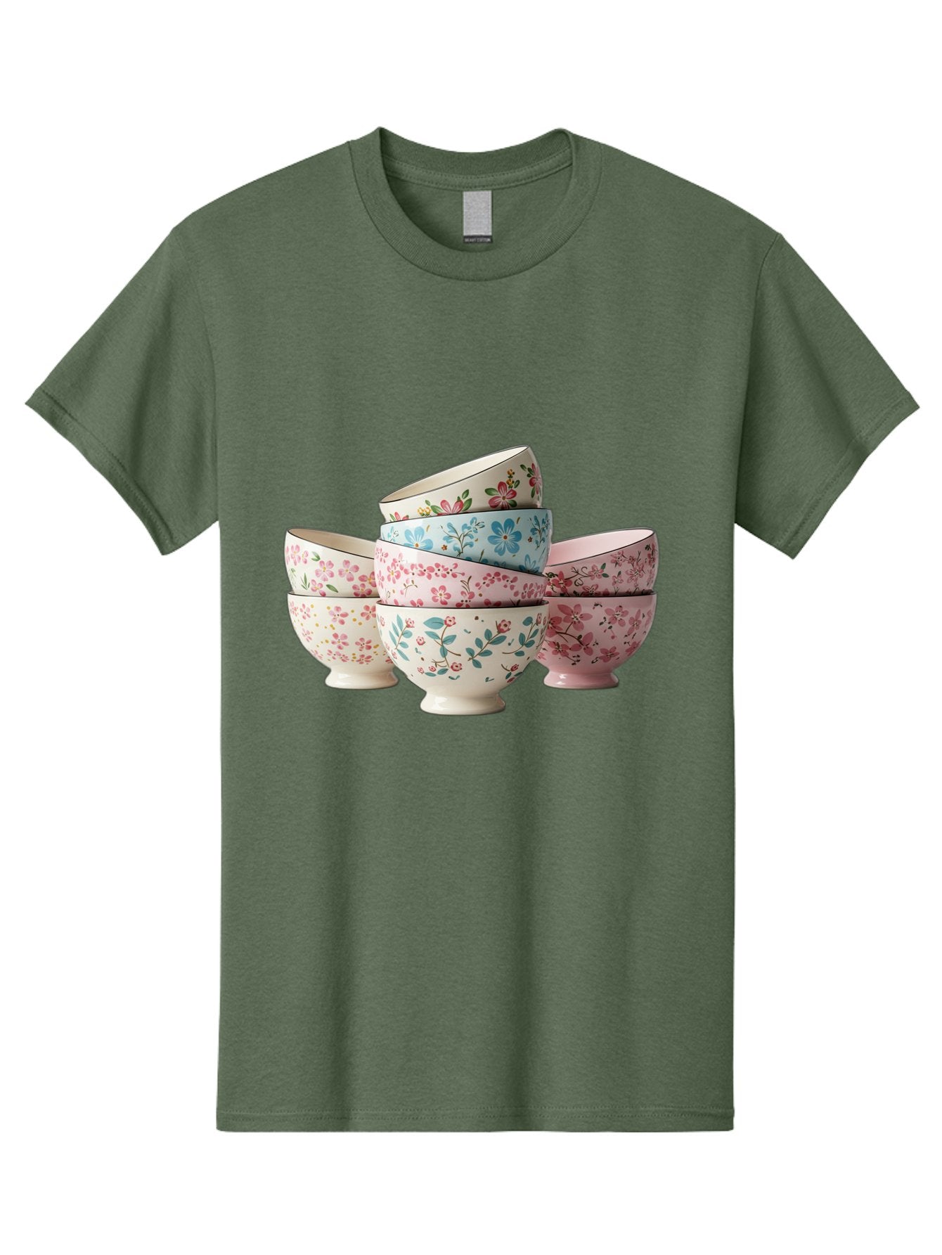 Floral-Bowls Men'S Graphic Tee, 100% Cotton, Comfortable Casual Summer Wear, Machine Washable, Floral Pattern, Delicate Flowers, Pastel Colors, Ceramic Bowls, Tableware, Home Decor, Vintage Style, Kitchen Essentials, Dinnerware, Elegant Design Baa687 3