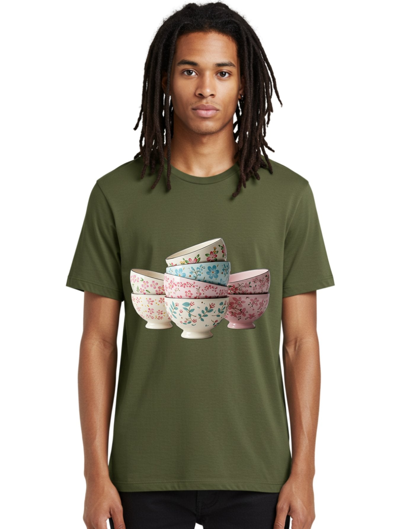 Floral-Bowls Men'S Graphic Tee, 100% Cotton, Comfortable Casual Summer Wear, Machine Washable, Floral Pattern, Delicate Flowers, Pastel Colors, Ceramic Bowls, Tableware, Home Decor, Vintage Style, Kitchen Essentials, Dinnerware, Elegant Design Baa687 22