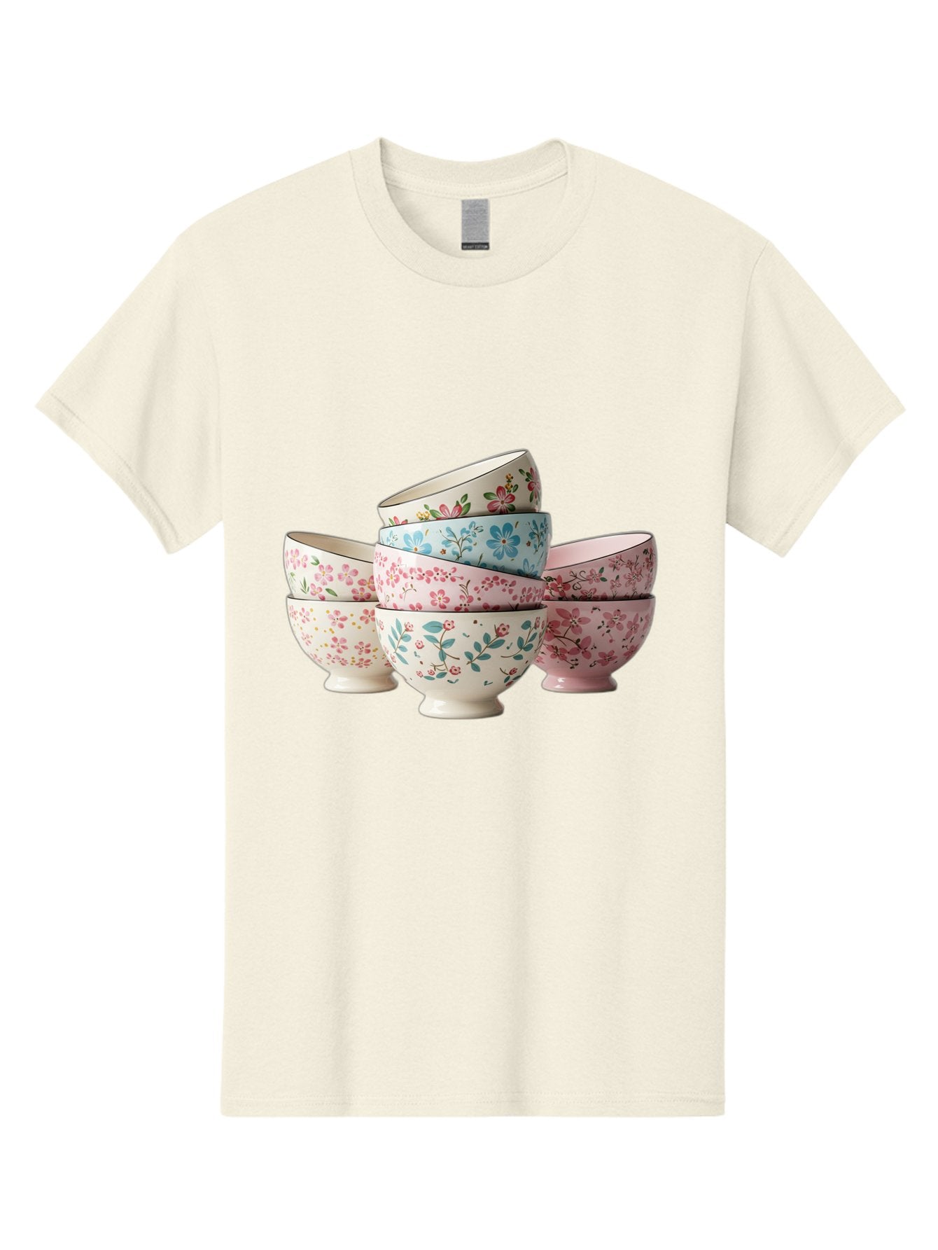 Floral-Bowls Men'S Graphic Tee, 100% Cotton, Comfortable Casual Summer Wear, Machine Washable, Floral Pattern, Delicate Flowers, Pastel Colors, Ceramic Bowls, Tableware, Home Decor, Vintage Style, Kitchen Essentials, Dinnerware, Elegant Design Baa687 11