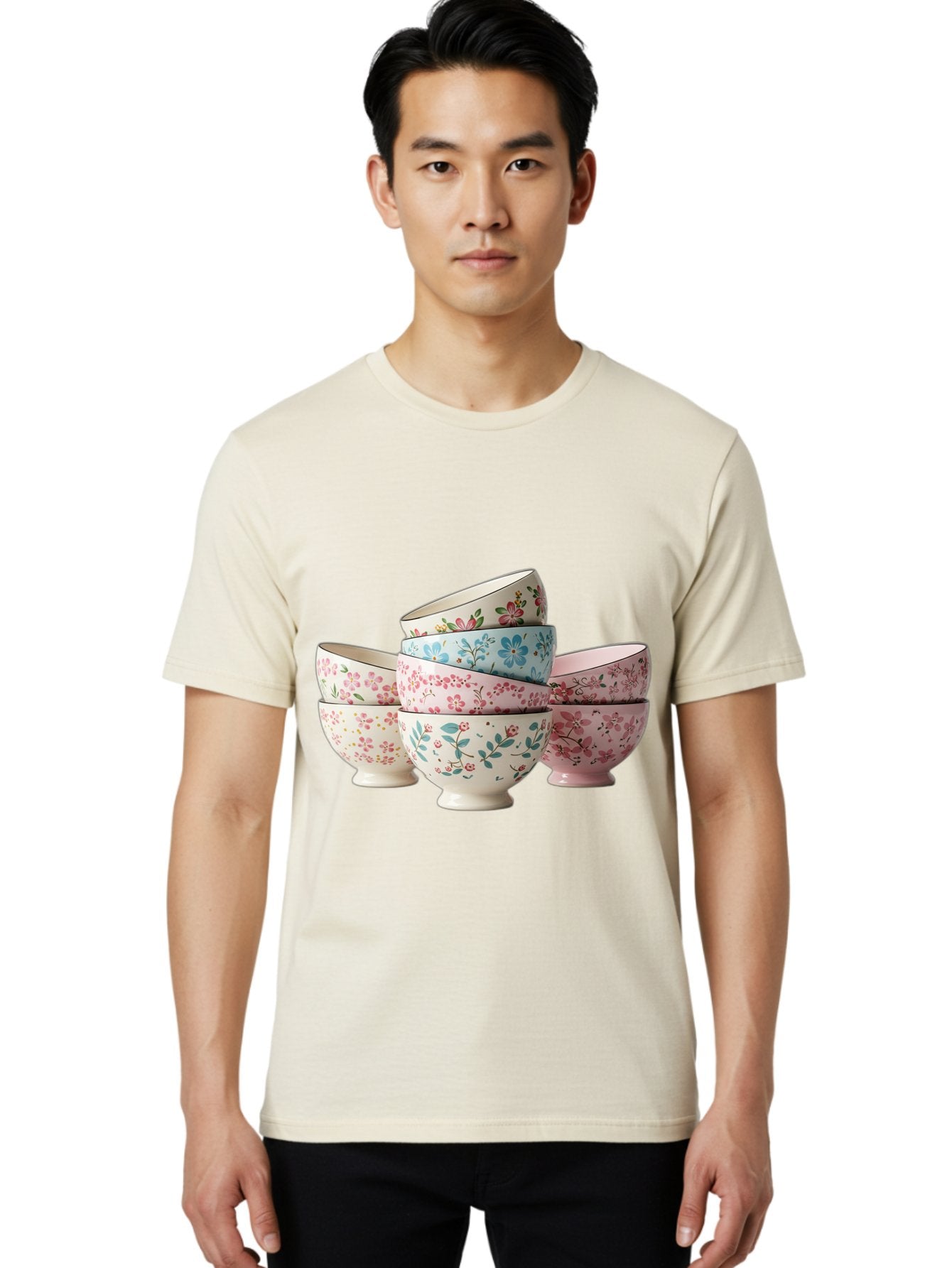 Floral-Bowls Men'S Graphic Tee, 100% Cotton, Comfortable Casual Summer Wear, Machine Washable, Floral Pattern, Delicate Flowers, Pastel Colors, Ceramic Bowls, Tableware, Home Decor, Vintage Style, Kitchen Essentials, Dinnerware, Elegant Design Baa687 27