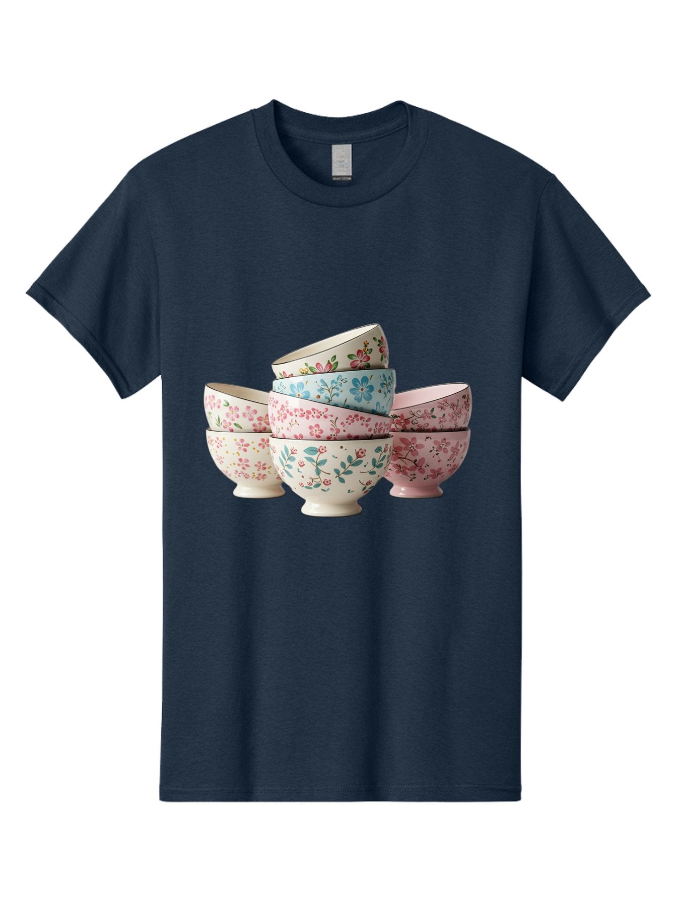Floral-Bowls Men'S Graphic Tee, 100% Cotton, Comfortable Casual Summer Wear, Machine Washable, Floral Pattern, Delicate Flowers, Pastel Colors, Ceramic Bowls, Tableware, Home Decor, Vintage Style, Kitchen Essentials, Dinnerware, Elegant Design Baa687 4