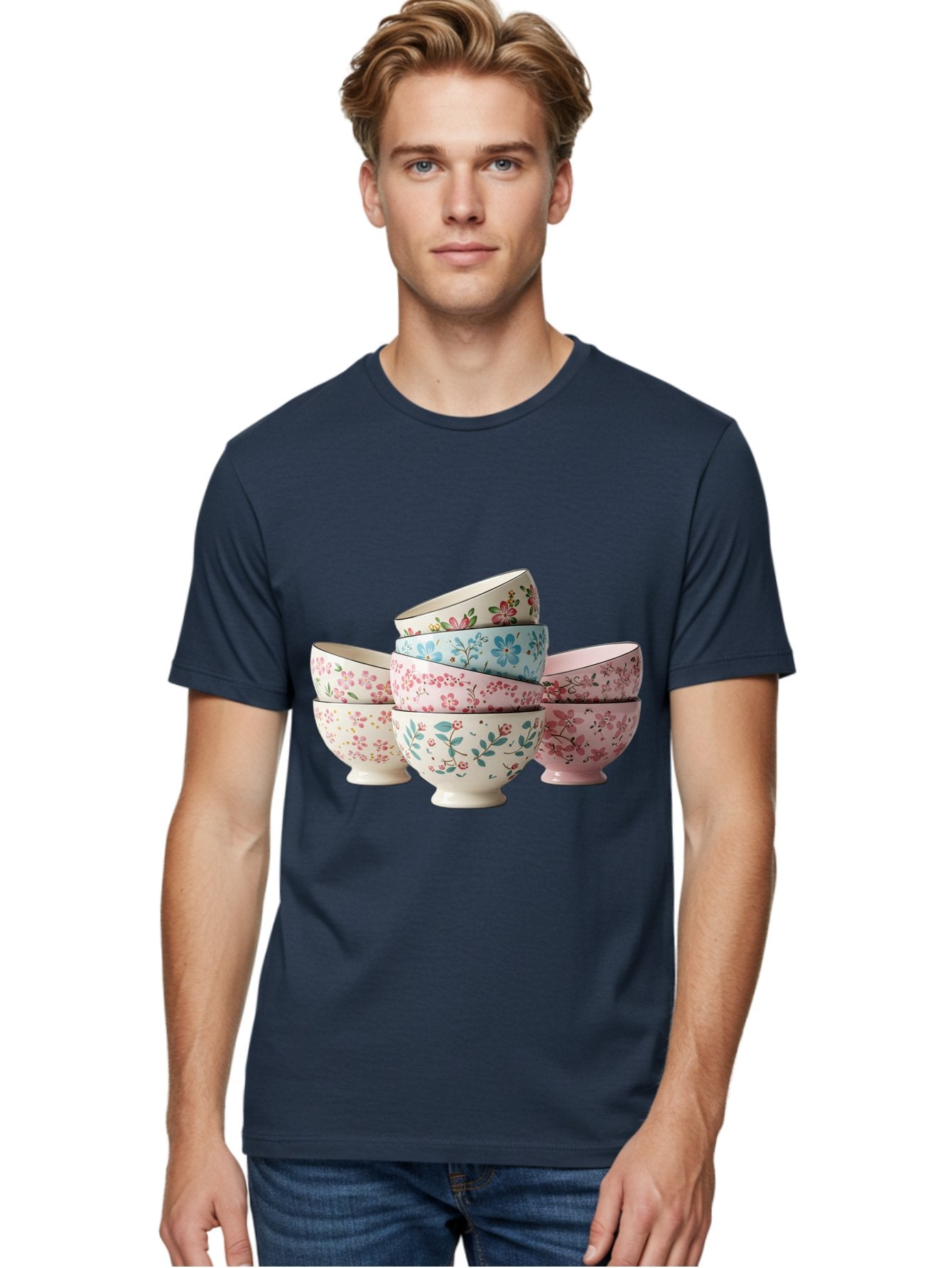 Floral-Bowls Men'S Graphic Tee, 100% Cotton, Comfortable Casual Summer Wear, Machine Washable, Floral Pattern, Delicate Flowers, Pastel Colors, Ceramic Bowls, Tableware, Home Decor, Vintage Style, Kitchen Essentials, Dinnerware, Elegant Design Baa687 18