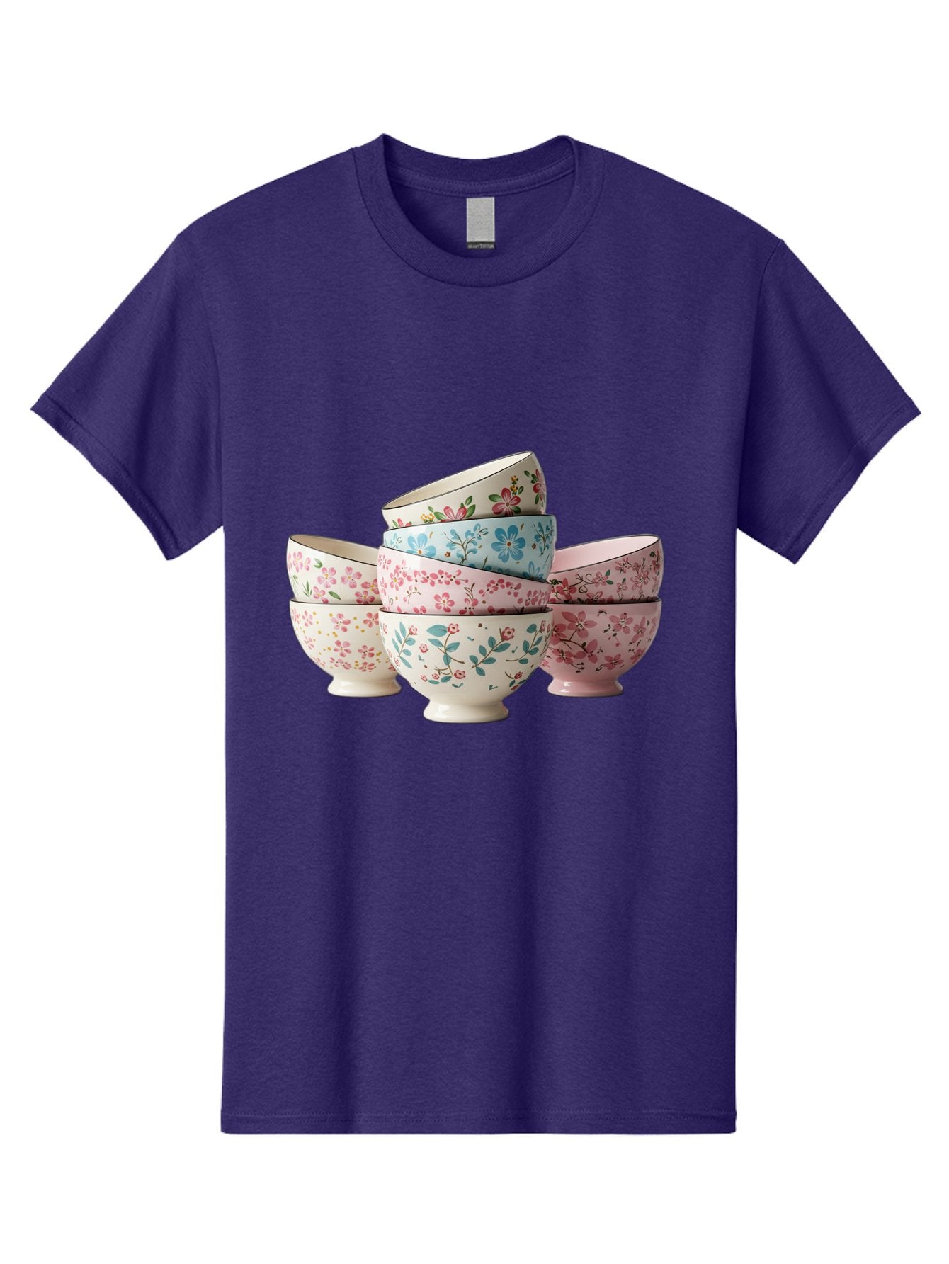 Floral-Bowls Men'S Graphic Tee, 100% Cotton, Comfortable Casual Summer Wear, Machine Washable, Floral Pattern, Delicate Flowers, Pastel Colors, Ceramic Bowls, Tableware, Home Decor, Vintage Style, Kitchen Essentials, Dinnerware, Elegant Design Baa687 15