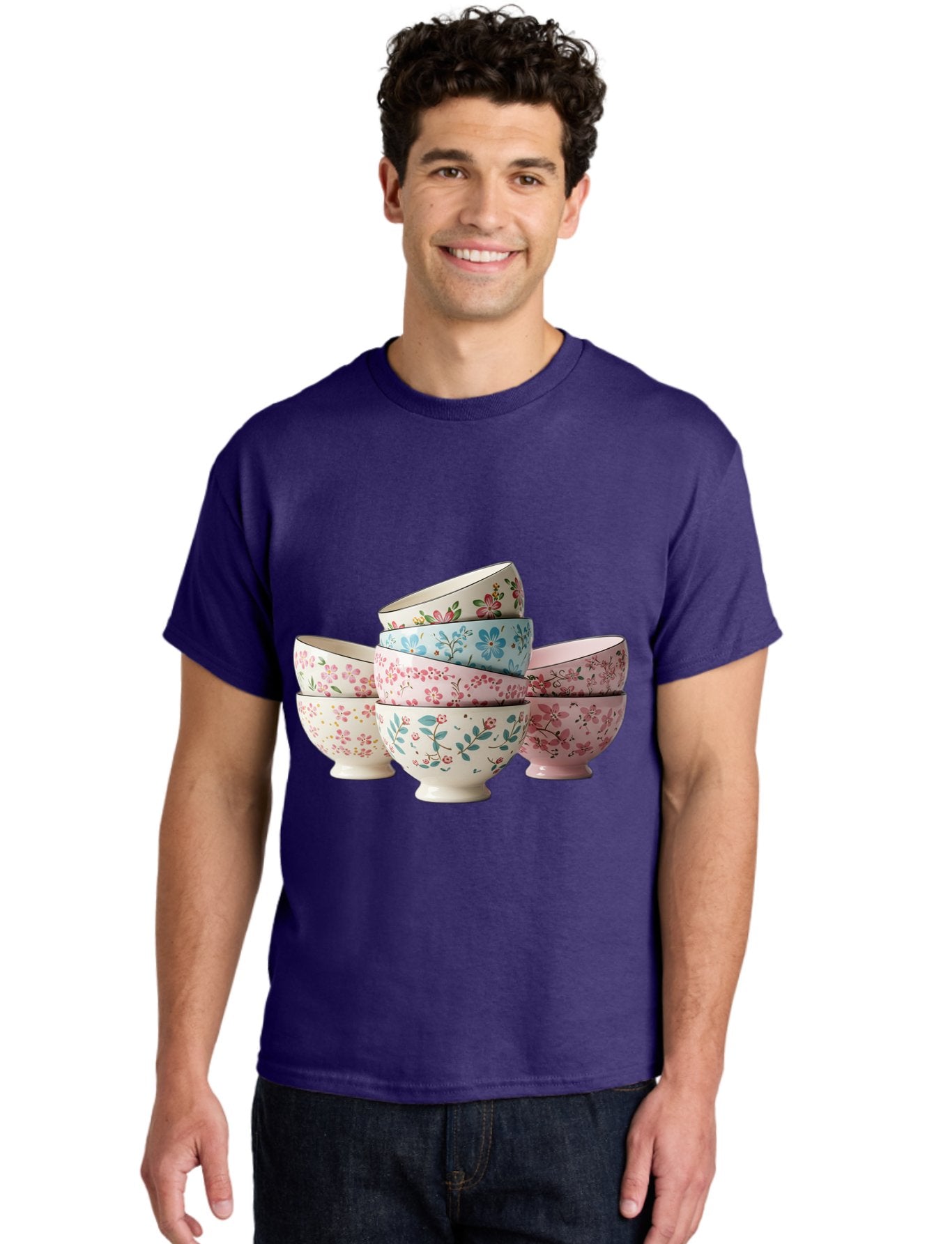 Floral-Bowls Men'S Graphic Tee, 100% Cotton, Comfortable Casual Summer Wear, Machine Washable, Floral Pattern, Delicate Flowers, Pastel Colors, Ceramic Bowls, Tableware, Home Decor, Vintage Style, Kitchen Essentials, Dinnerware, Elegant Design Baa687 30
