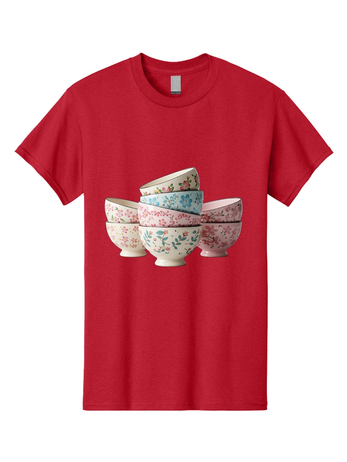 Floral-Bowls Men'S Graphic Tee, 100% Cotton, Comfortable Casual Summer Wear, Machine Washable, Floral Pattern, Delicate Flowers, Pastel Colors, Ceramic Bowls, Tableware, Home Decor, Vintage Style, Kitchen Essentials, Dinnerware, Elegant Design Baa687 14