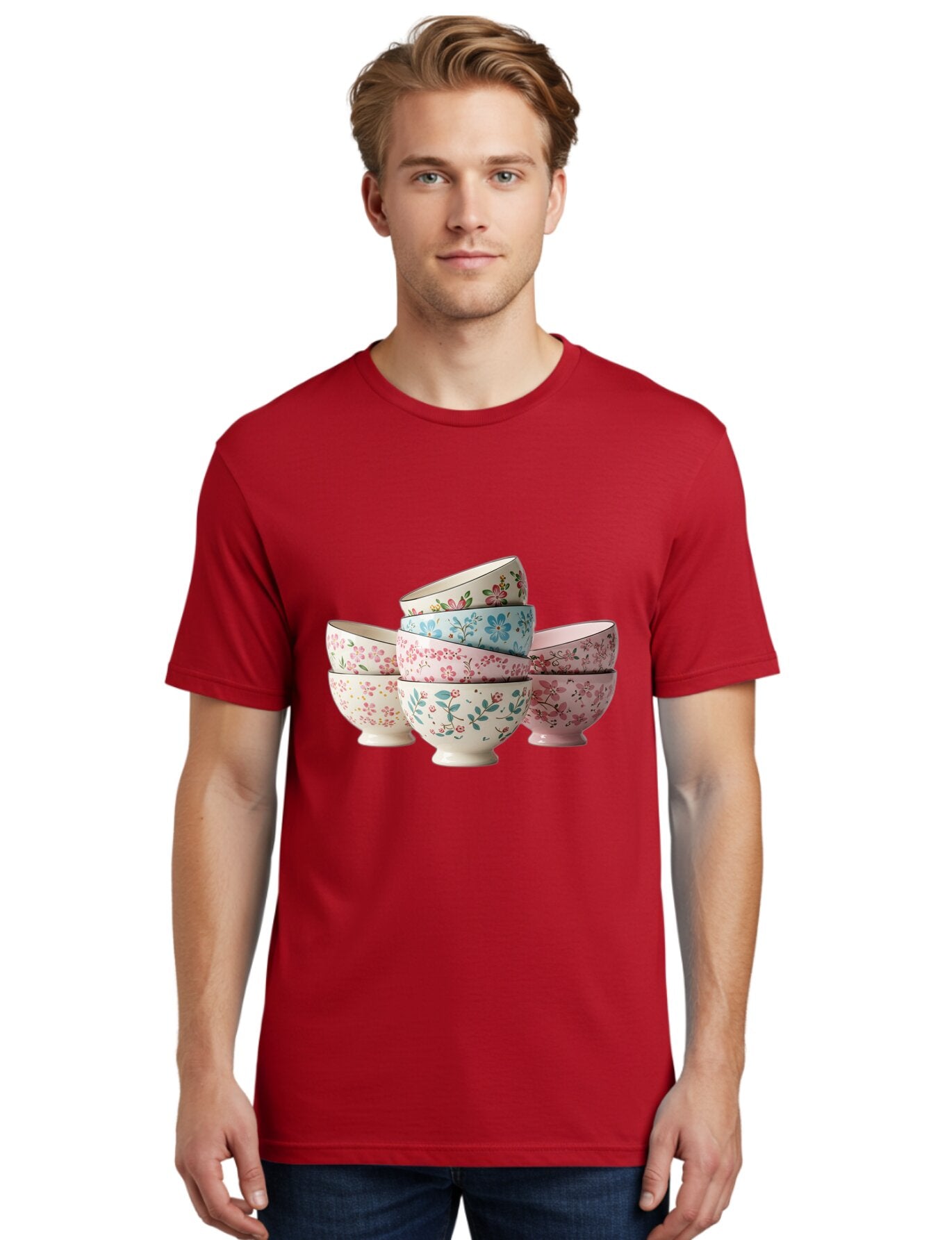 Floral-Bowls Men'S Graphic Tee, 100% Cotton, Comfortable Casual Summer Wear, Machine Washable, Floral Pattern, Delicate Flowers, Pastel Colors, Ceramic Bowls, Tableware, Home Decor, Vintage Style, Kitchen Essentials, Dinnerware, Elegant Design Baa687 29