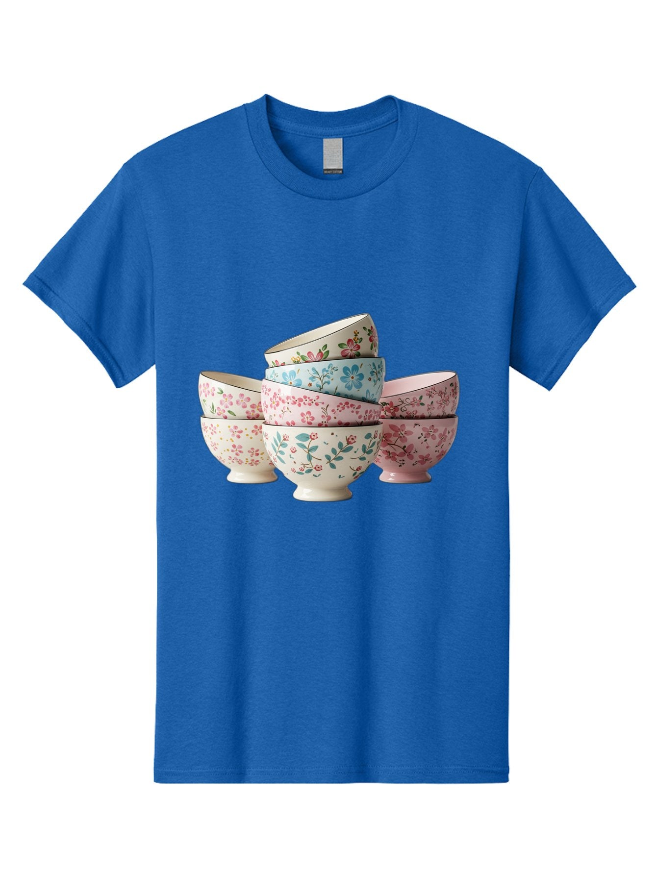 Floral-Bowls Men'S Graphic Tee, 100% Cotton, Comfortable Casual Summer Wear, Machine Washable, Floral Pattern, Delicate Flowers, Pastel Colors, Ceramic Bowls, Tableware, Home Decor, Vintage Style, Kitchen Essentials, Dinnerware, Elegant Design Baa687 7