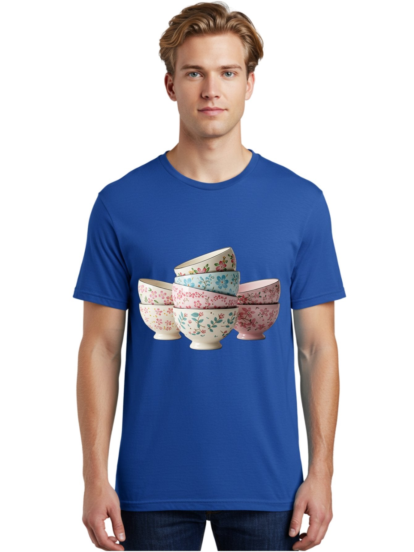 Floral-Bowls Men'S Graphic Tee, 100% Cotton, Comfortable Casual Summer Wear, Machine Washable, Floral Pattern, Delicate Flowers, Pastel Colors, Ceramic Bowls, Tableware, Home Decor, Vintage Style, Kitchen Essentials, Dinnerware, Elegant Design Baa687 16