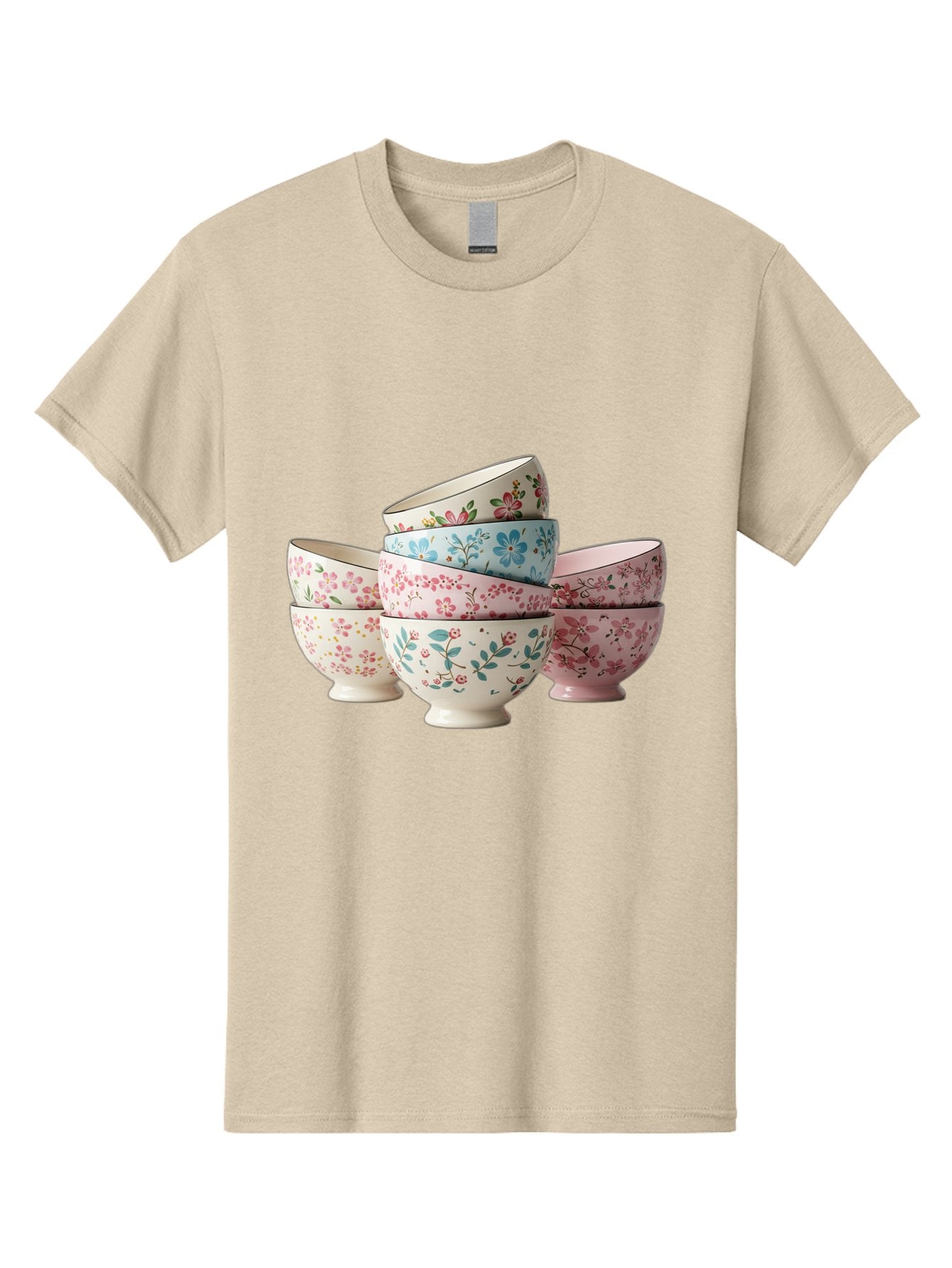 Floral-Bowls Men'S Graphic Tee, 100% Cotton, Comfortable Casual Summer Wear, Machine Washable, Floral Pattern, Delicate Flowers, Pastel Colors, Ceramic Bowls, Tableware, Home Decor, Vintage Style, Kitchen Essentials, Dinnerware, Elegant Design Baa687 6