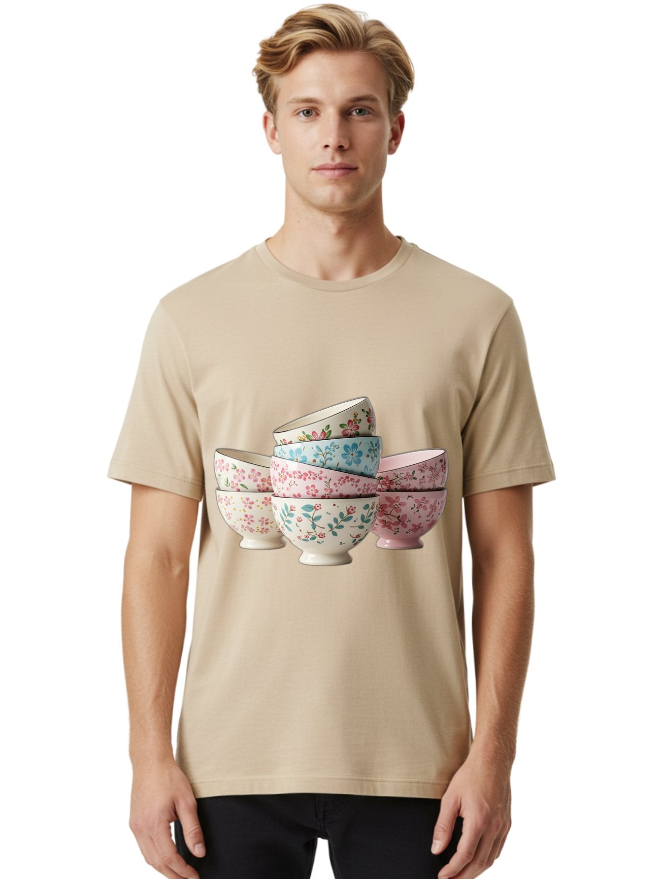 Floral-Bowls Men'S Graphic Tee, 100% Cotton, Comfortable Casual Summer Wear, Machine Washable, Floral Pattern, Delicate Flowers, Pastel Colors, Ceramic Bowls, Tableware, Home Decor, Vintage Style, Kitchen Essentials, Dinnerware, Elegant Design Baa687 24