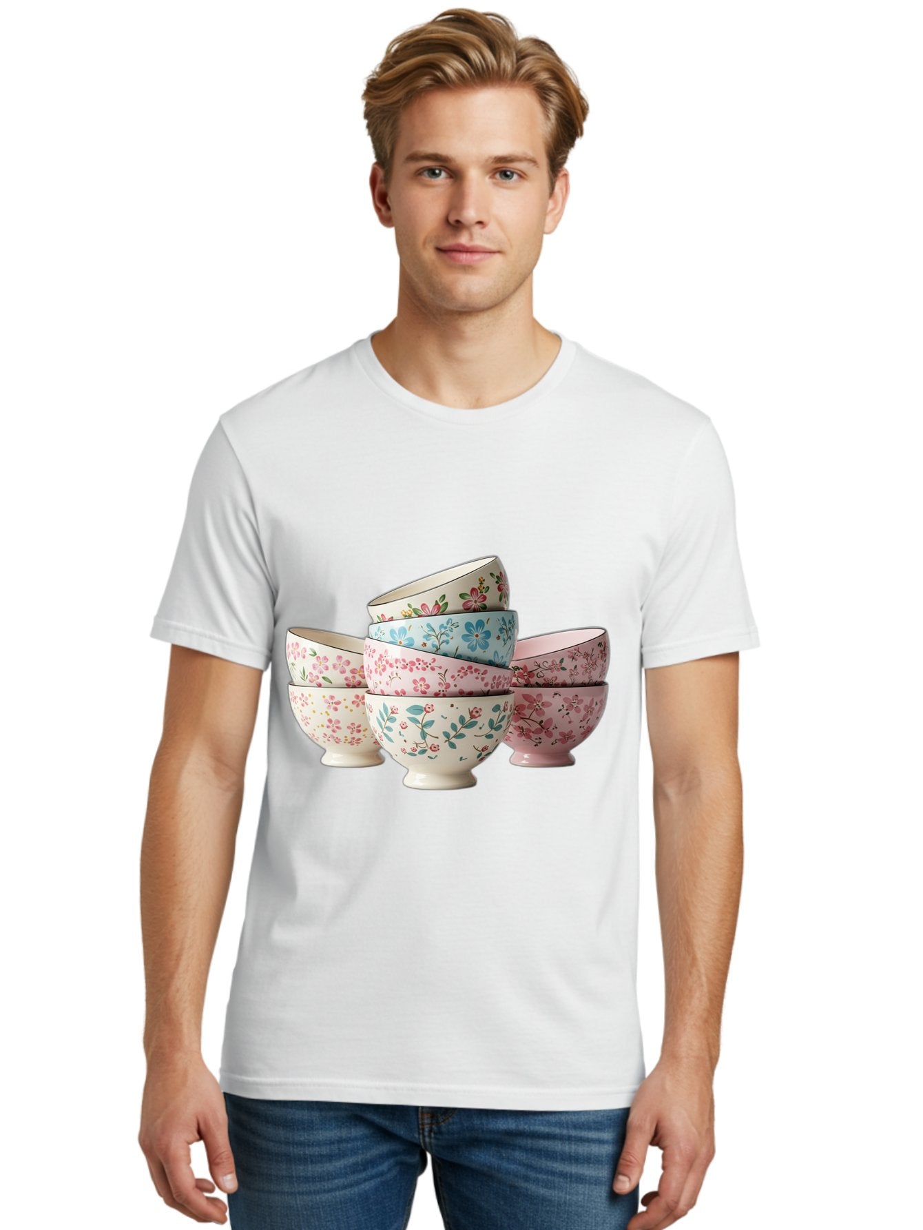 Floral-Bowls Men'S Graphic Tee, 100% Cotton, Comfortable Casual Summer Wear, Machine Washable, Floral Pattern, Delicate Flowers, Pastel Colors, Ceramic Bowls, Tableware, Home Decor, Vintage Style, Kitchen Essentials, Dinnerware, Elegant Design Baa687 26