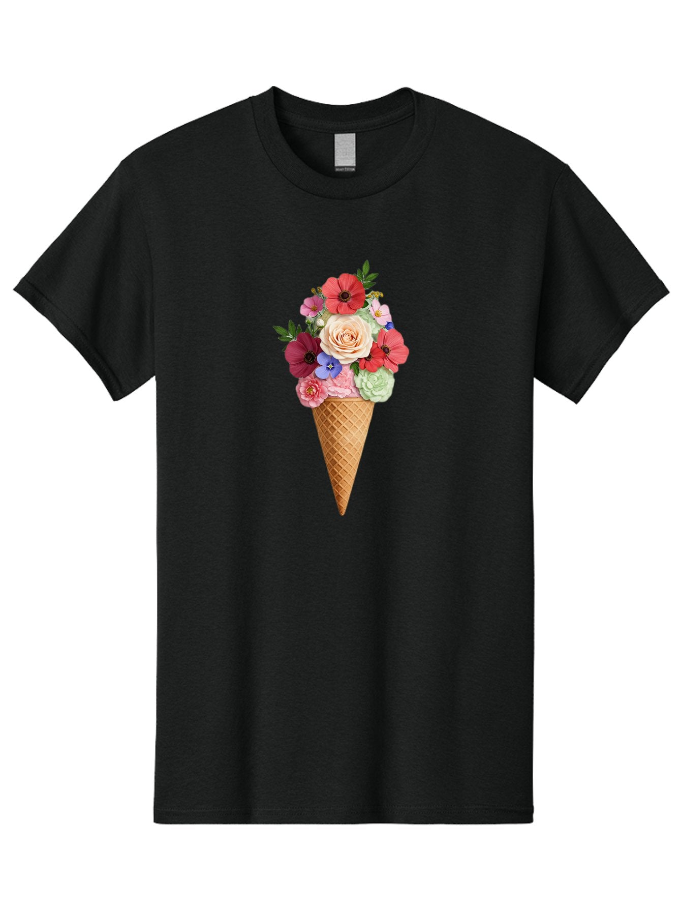 Flower-Ice-Cream-Cone Men'S Graphic Tee, 100% Cotton, Comfortable Casual Summer Wear, Machine Washable, Ice Cream Cone, Flowers, Floral Arrangement, Roses, Poppies, Pastel Colors, Summer Vibes, Sweet Treats, Creative Design, Floral Bouquet Baa688 4