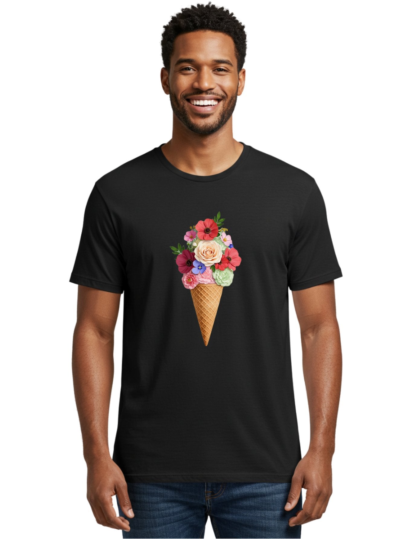 Flower-Ice-Cream-Cone Men'S Graphic Tee, 100% Cotton, Comfortable Casual Summer Wear, Machine Washable, Ice Cream Cone, Flowers, Floral Arrangement, Roses, Poppies, Pastel Colors, Summer Vibes, Sweet Treats, Creative Design, Floral Bouquet Baa688 18
