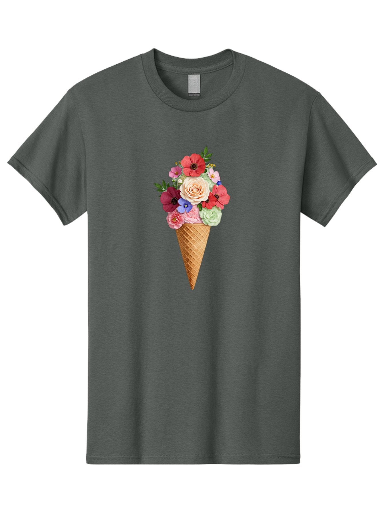 Flower-Ice-Cream-Cone Men'S Graphic Tee, 100% Cotton, Comfortable Casual Summer Wear, Machine Washable, Ice Cream Cone, Flowers, Floral Arrangement, Roses, Poppies, Pastel Colors, Summer Vibes, Sweet Treats, Creative Design, Floral Bouquet Baa688 15