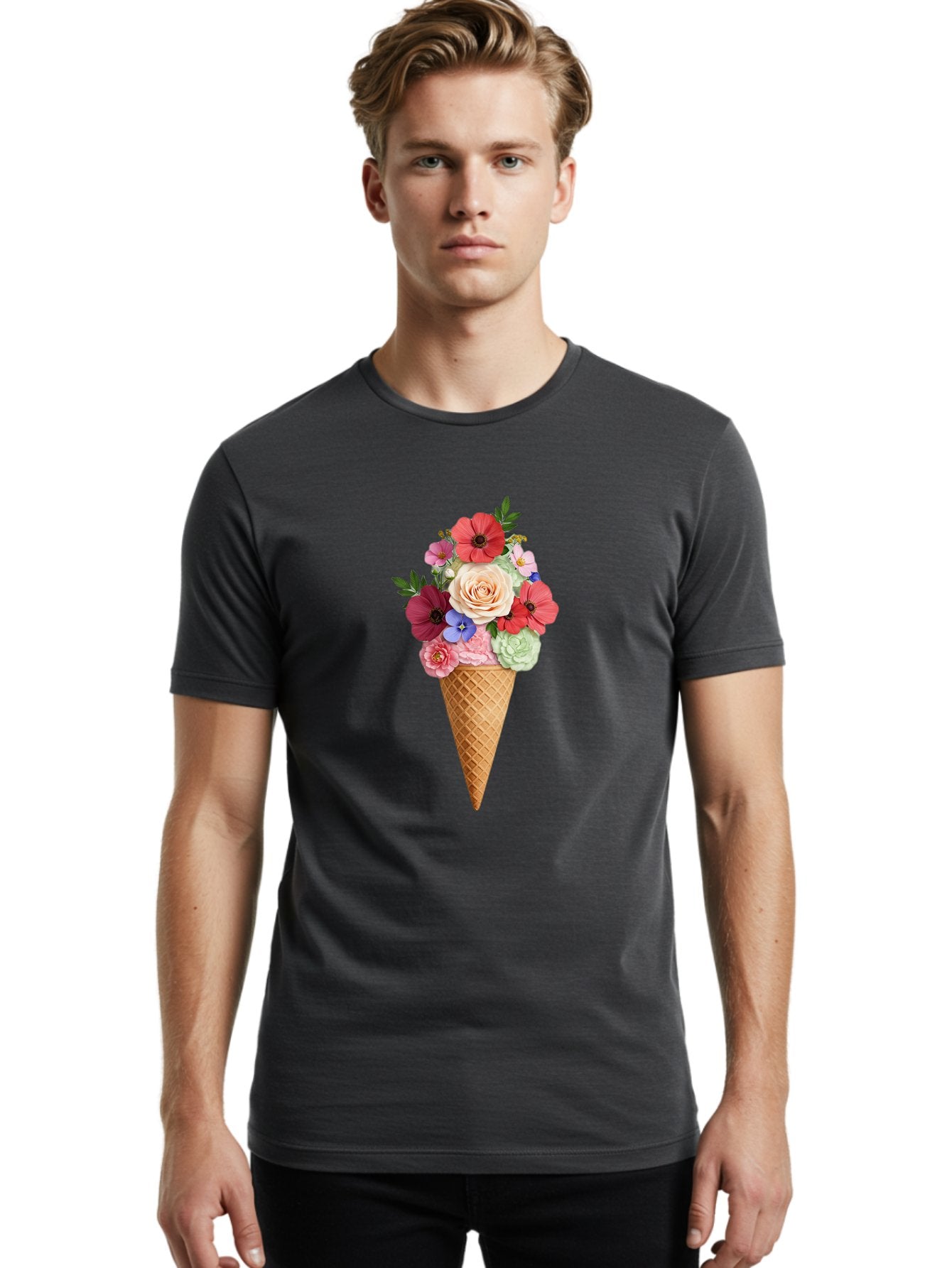 Flower-Ice-Cream-Cone Men'S Graphic Tee, 100% Cotton, Comfortable Casual Summer Wear, Machine Washable, Ice Cream Cone, Flowers, Floral Arrangement, Roses, Poppies, Pastel Colors, Summer Vibes, Sweet Treats, Creative Design, Floral Bouquet Baa688 16