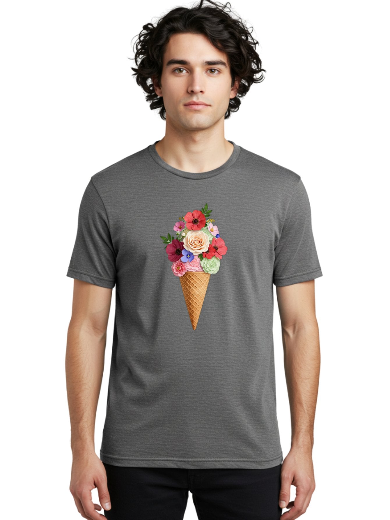 Flower-Ice-Cream-Cone Men'S Graphic Tee, 100% Cotton, Comfortable Casual Summer Wear, Machine Washable, Ice Cream Cone, Flowers, Floral Arrangement, Roses, Poppies, Pastel Colors, Summer Vibes, Sweet Treats, Creative Design, Floral Bouquet Baa688 19